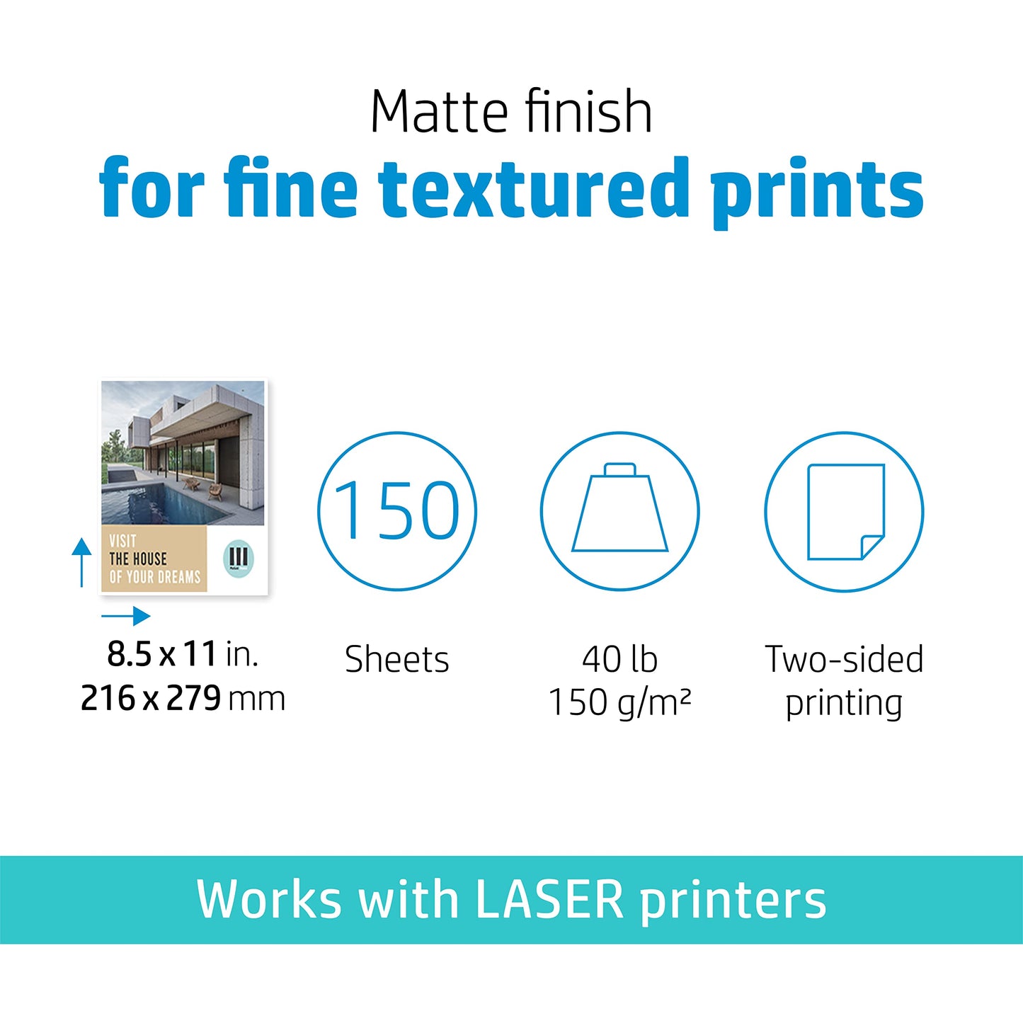 HP Enhanced Business Paper, Matte, 8.5x11 in, 40 lb, 150 Sheets, Works with Laser Printers (Q6543A),White