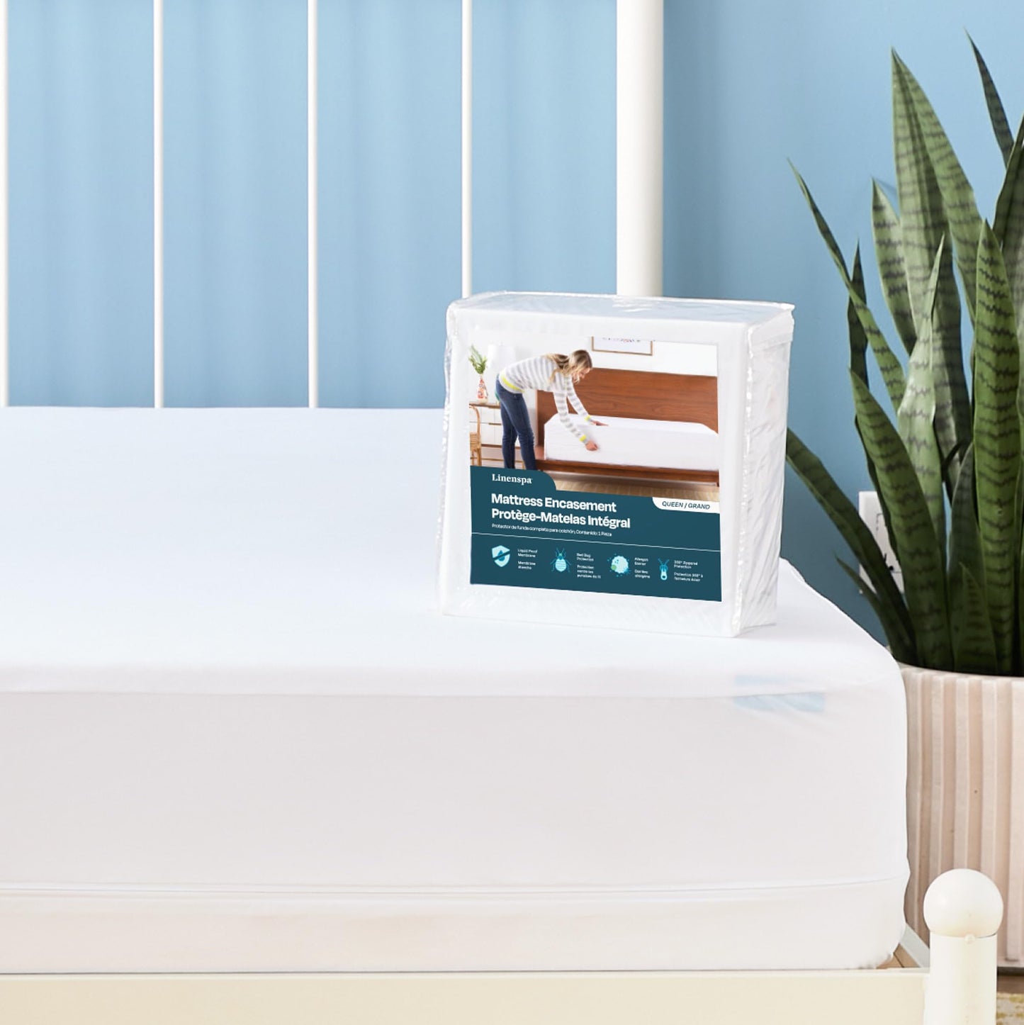 LINENSPA Zippered Encasement Waterproof, Dust Mite Proof, Bed Bug Proof, Hypoallergenic Breathable Mattress Protector - Full Size , White