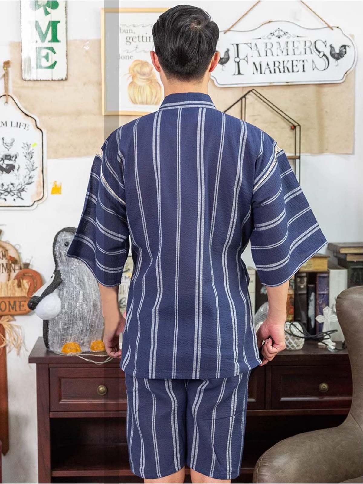 ZEALMAX Men's Kimono Japanese Jinbei Shirt and Pant Cotton Linen Loungewear Lounge Set Spa Bathrobe, Style 3 Multicolor, Multicolor, One Size