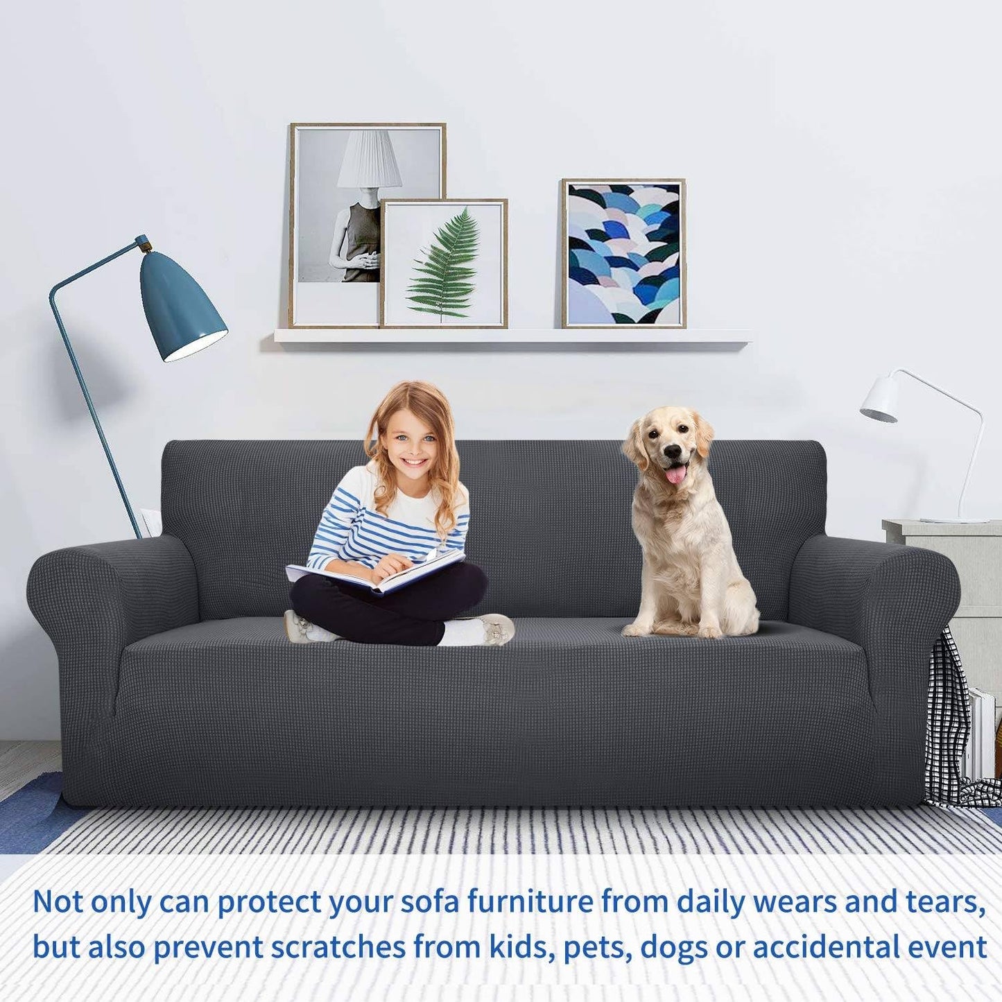 MAXIJIN Super Stretch Couch Cover for 3 Cushion Couch, 1 Piece Universal Sofa Covers Living Room Jacquard Spandex Furniture Protector Dogs Pet Friendly Fitted (Large, Gray)