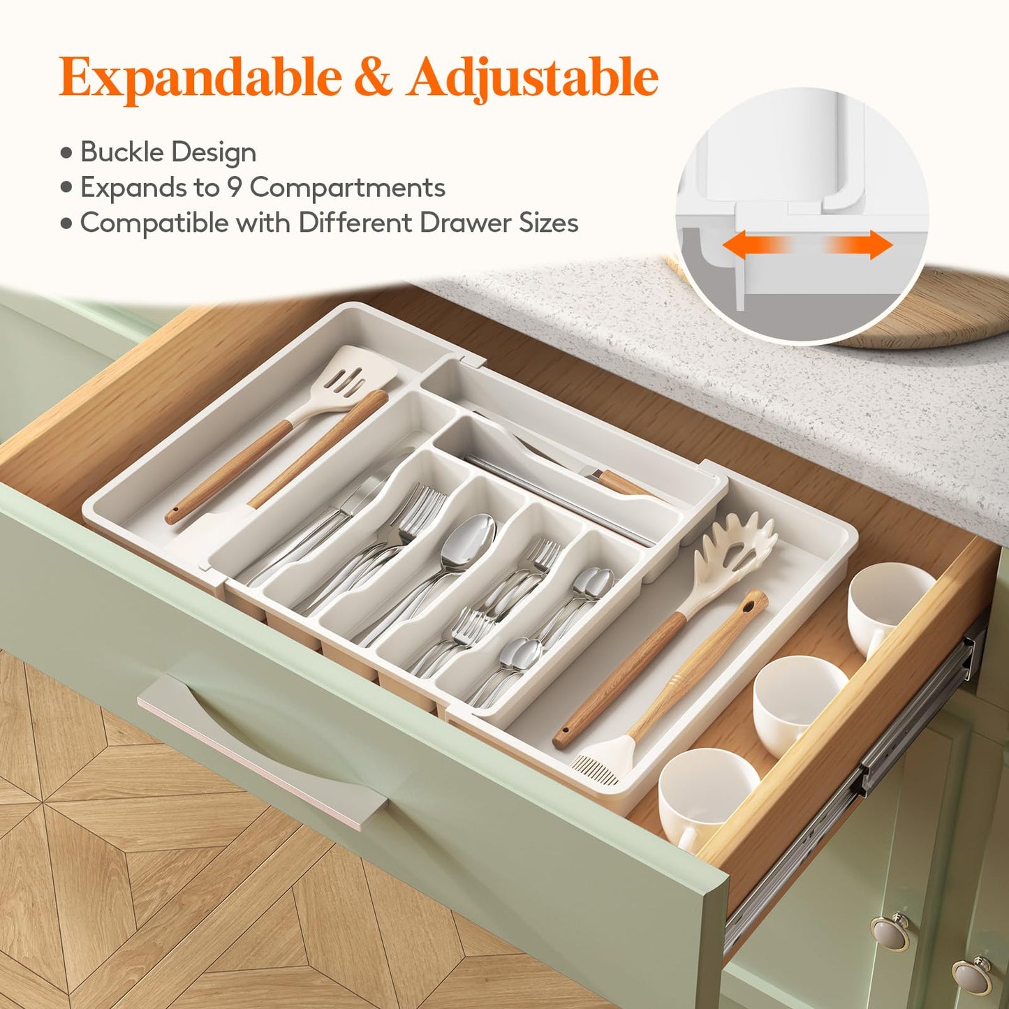 Lifewit Silverware Drawer Organizer, Expandable Utensil Organizer for Kitchen Drawers, Adjustable Cutlery and Flatware Tray, Plastic Spoons Forks Knives Holder Storage Dividers, Large, White