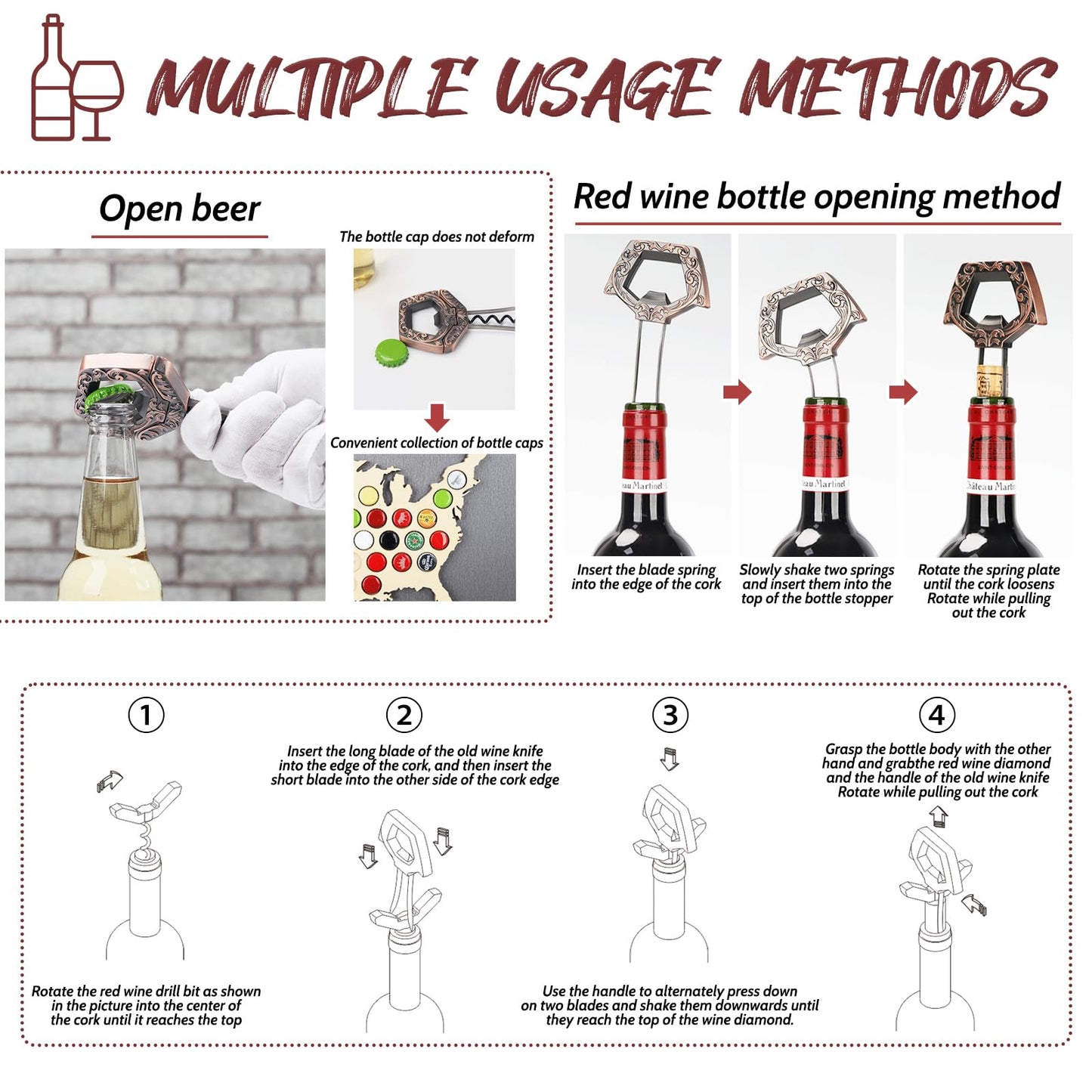 KERHAND 3 in 1 Ah So Two Prong Wine Opener & Cork Remover,It Can Remove The Older and Fragile Wine Corks so Easy for Connoisseurs to Uncork (Copper)