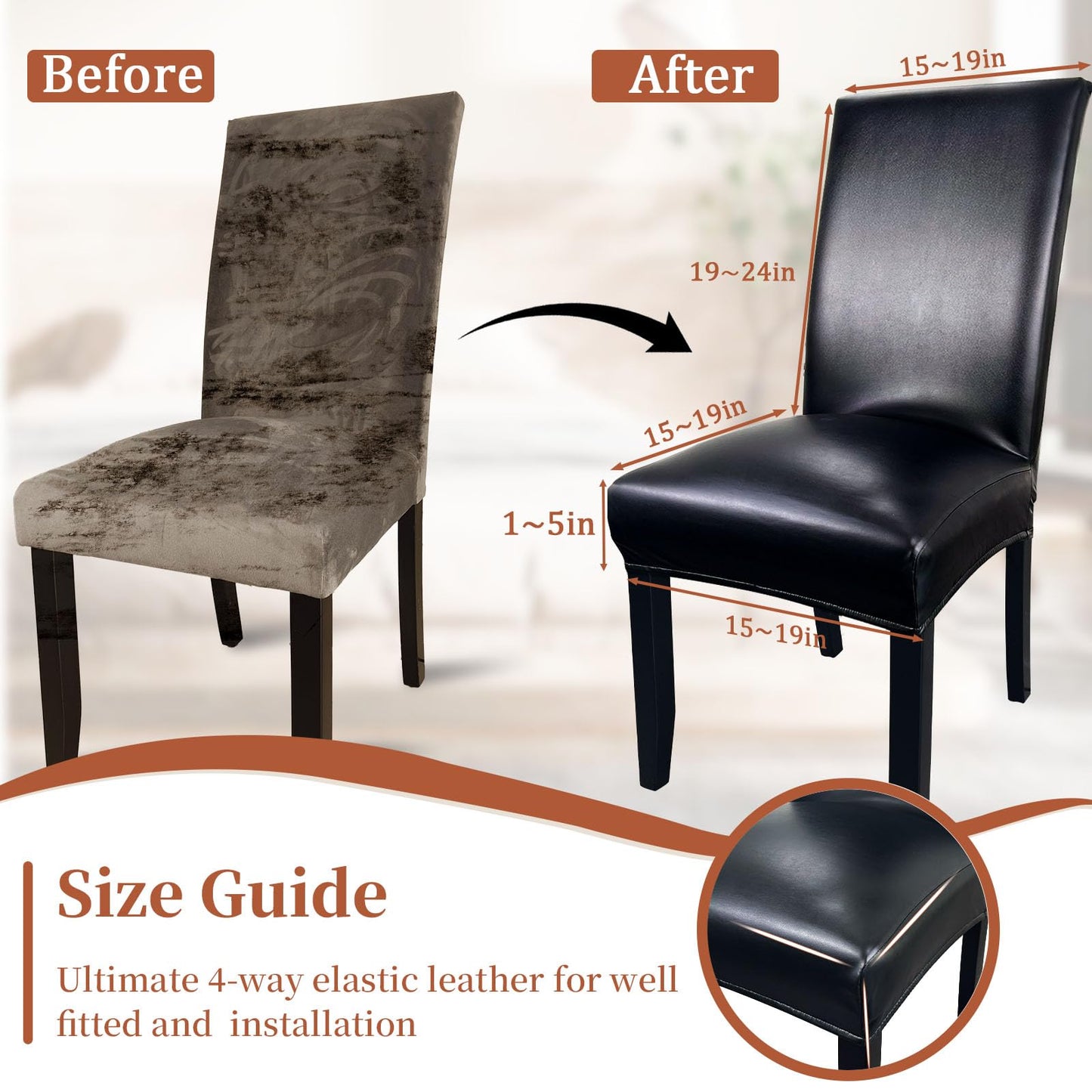 Pu Leather Chair Covers for Dining Chairs Set of 4, Waterproof Kitchen Chair Covers Protect Chairs from Stain, Soft & Elastic Parsons Chair Slipcover Well-Fitted for Dinning Room(Black, 4Pcs)