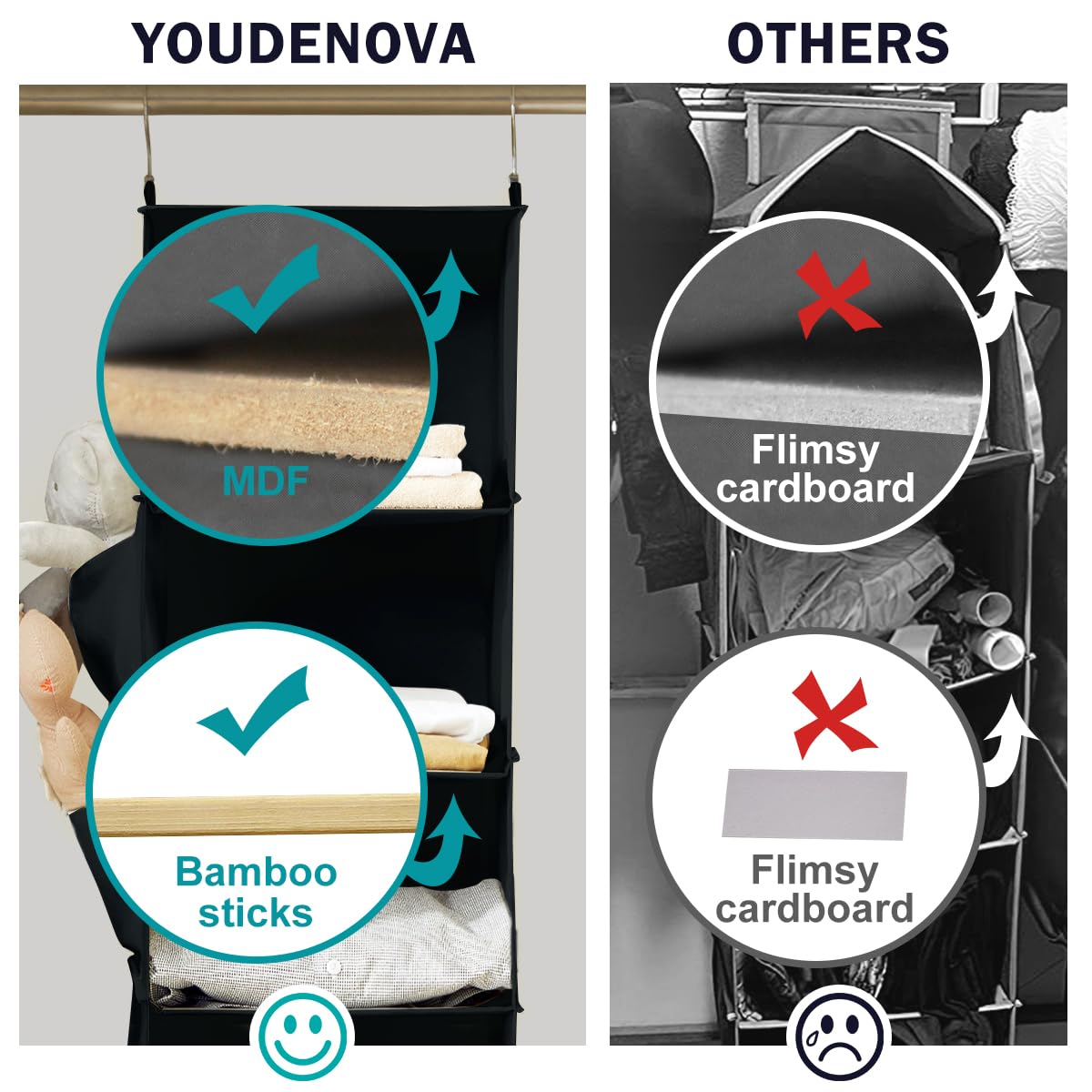 YOUDENOVA Hanging Closet Organizer, 6-Shelf Closet Hanging Storage Shelves, 2 Packs, Black