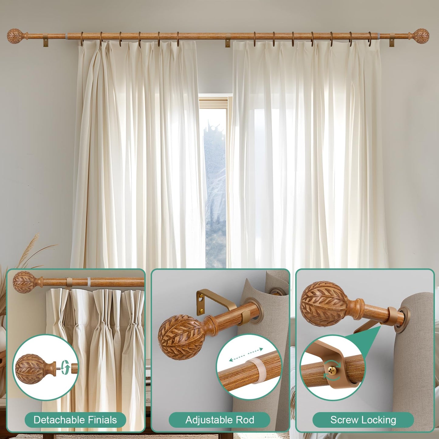 QDWIS Boho Natural Wood Curtain Rods for Windows 66 to 120 inch, 1" Adjustable Heavy Duty Window Curtain Rod with Imitation Wood Grain Finials,Rustic Decorative Drapery Rods Set,Size:36''-120''