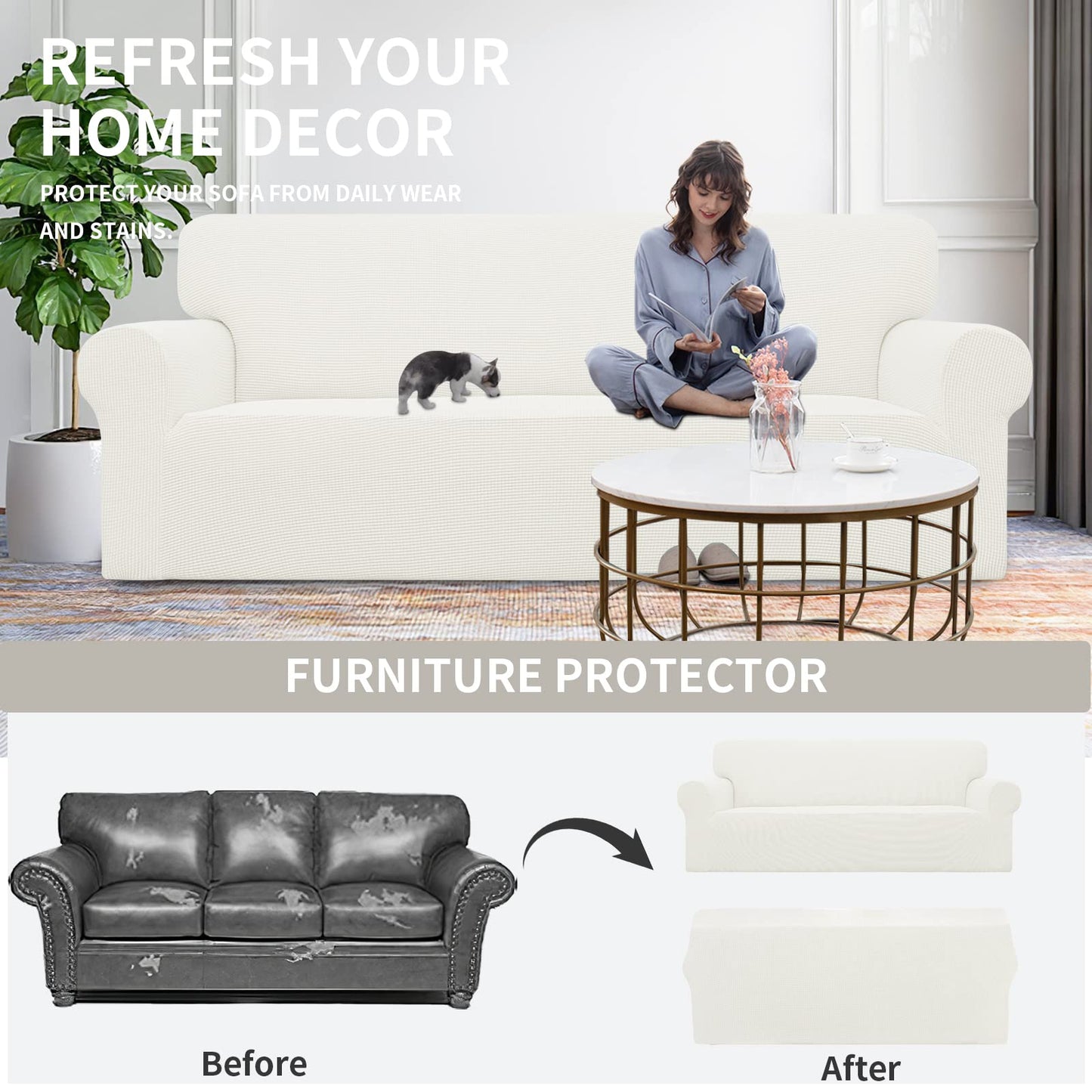 Easy-Going Stretch Sofa Slipcover Couch Sofa Cover Furniture Protector Soft with Elastic Bottom for Pets Kids Children Dog Spandex Jacquard Fabric Small Checks (X Large, Cream)