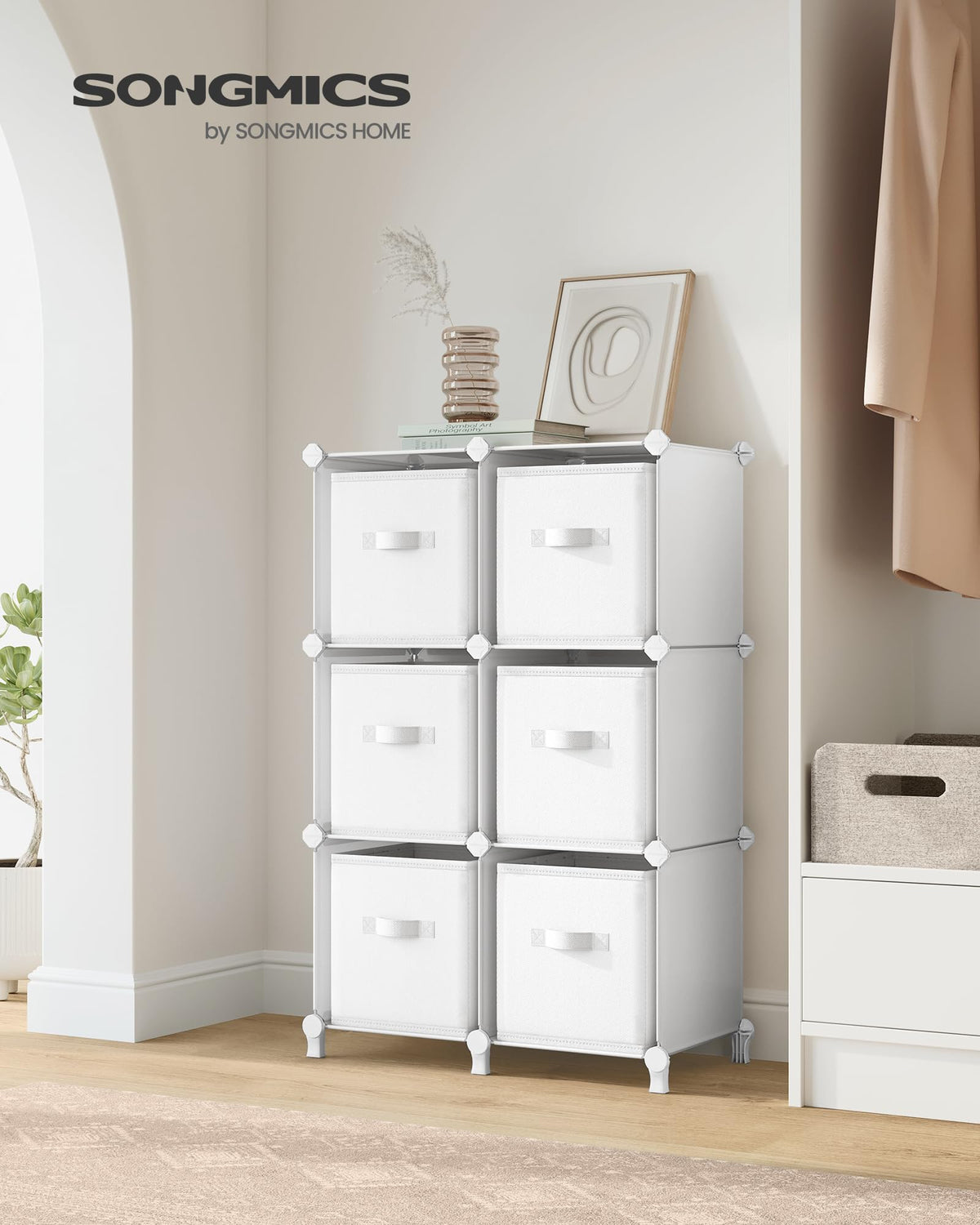 SONGMICS Cube Storage Organizer with Storage Boxes, 6-Cube Organizer, 6 Collapsible Non-Woven Fabric Bins, Customizable, Space-Saving, Living Room, Cloud White ULPC062W06