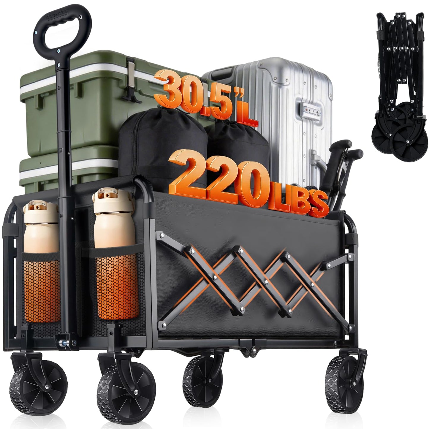 Collapsible Foldable Wagon Cart with Wheels - 220LBS Heavy Duty Utility Cart, Portable Lightweight Folding Wagon with All-Terrain Wheels & 2 Cup Holders for Beach Camping Shopping Grocery Garden
