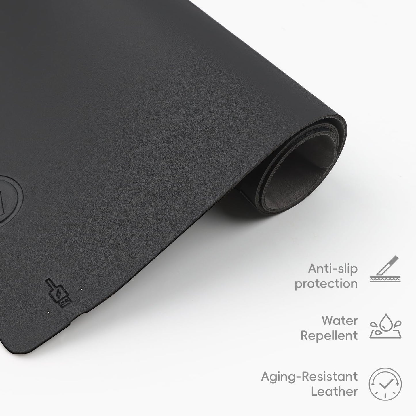 Wireless Charging Desk Mat and Leather Mouse Pad Combo - Organize Your Workspace with This Multi-Functional Desk Pad Mat, Offering Wireless Charging and a Sleek Mouse Pad Surface (Black-R,32"*16")