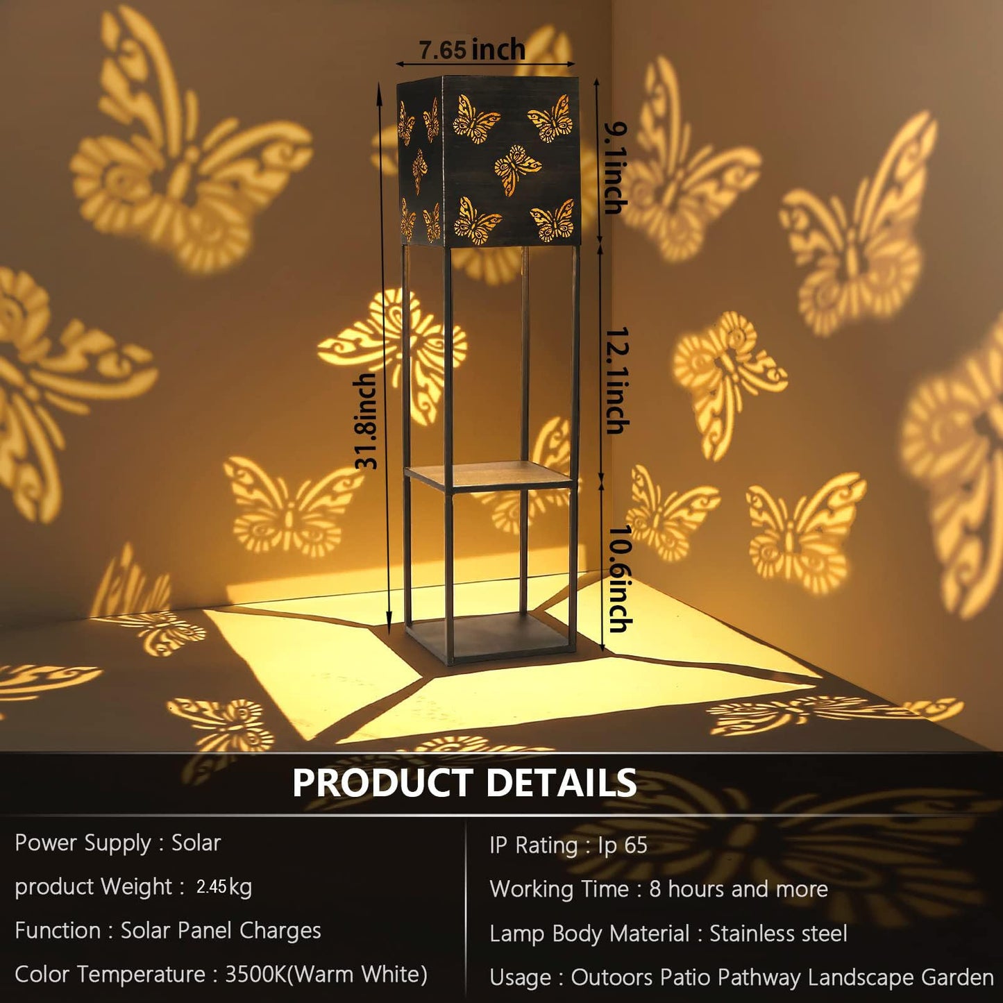 Butterfly Solar Lantern Outdoor Waterproof, 31inch Tall Large Garden Lanterns Solar Powered with 2-Tier Plant Stand, LED Pathway Lights for Outside Porch Patio Yard Balcony Christmas Decor Warm White