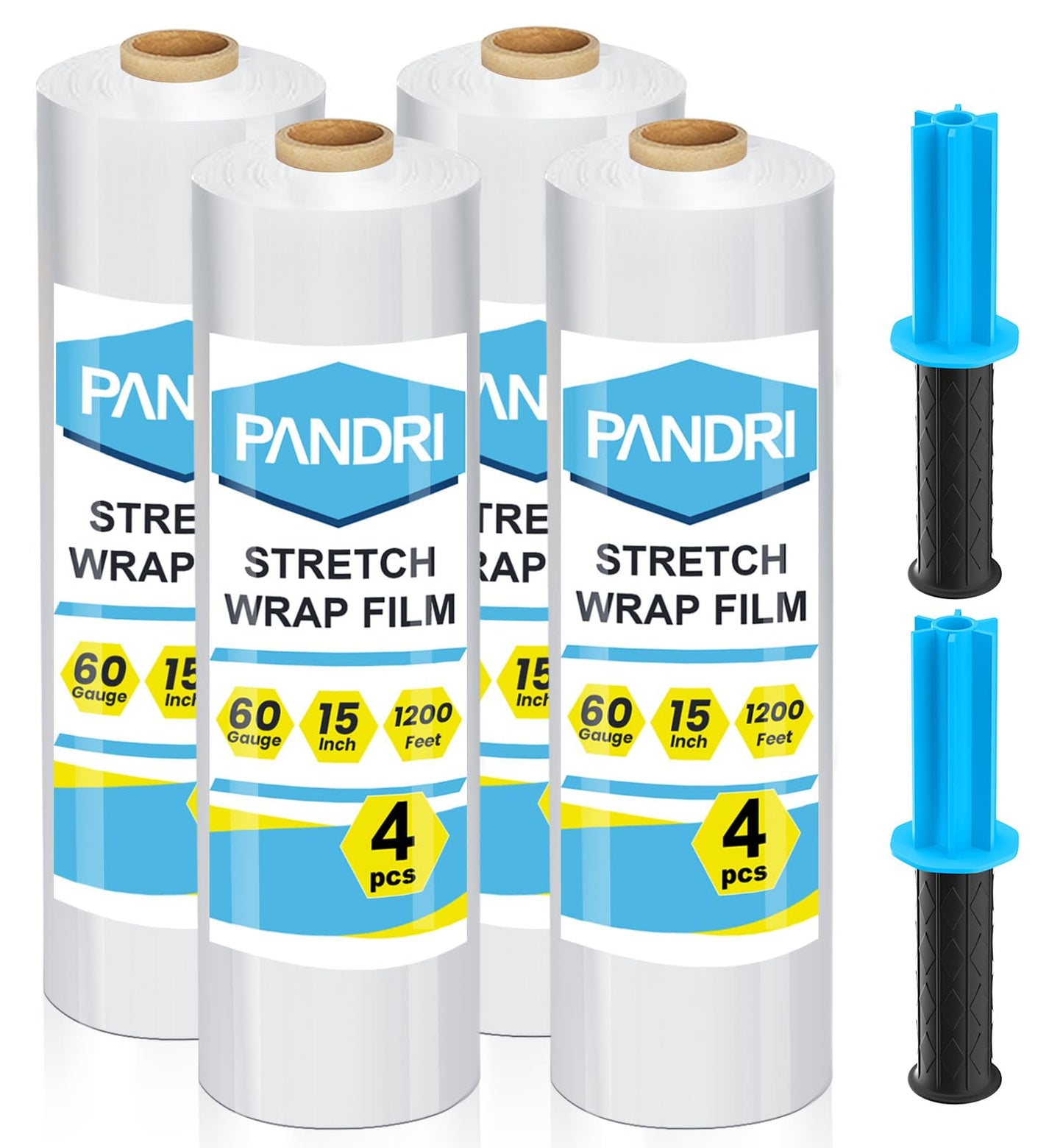 PANDRI Stretch Film, 15" x 1200 Ft per Roll Stretch Wrap Clear Shrink Wrap with Handles, Plastic Wrap for Moving Pallet Wrap, 4 Pack, 60 Gauge, 2 Handles