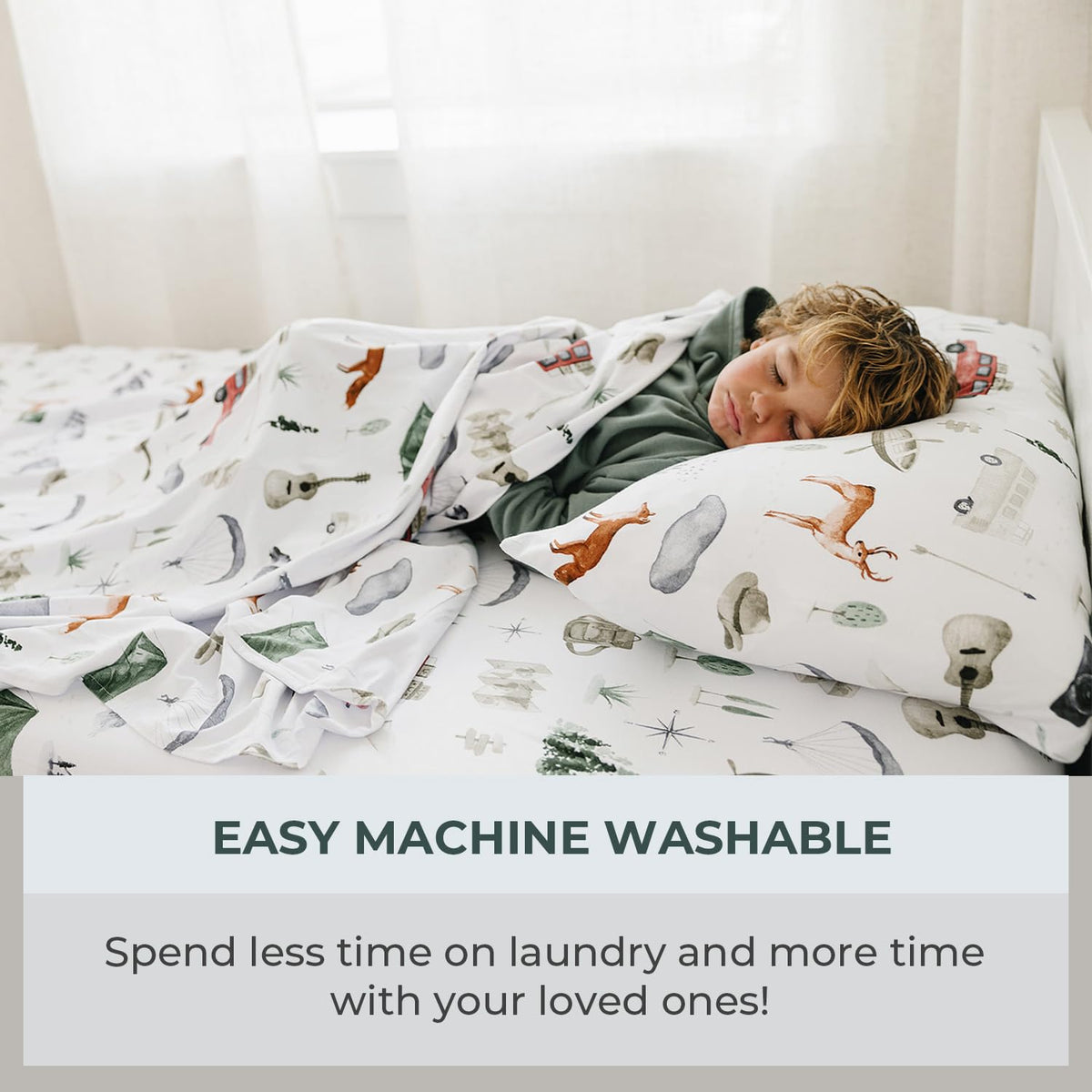 Pobi Baby Premium Twin Full Bed Sheet Set – Kids Double Bed Sheets in Cotton Blend | Ultra-Soft Woodland Camping Print with Fitted Sheet, Flat Sheet & Pillowcases - 3 PC (Explore)