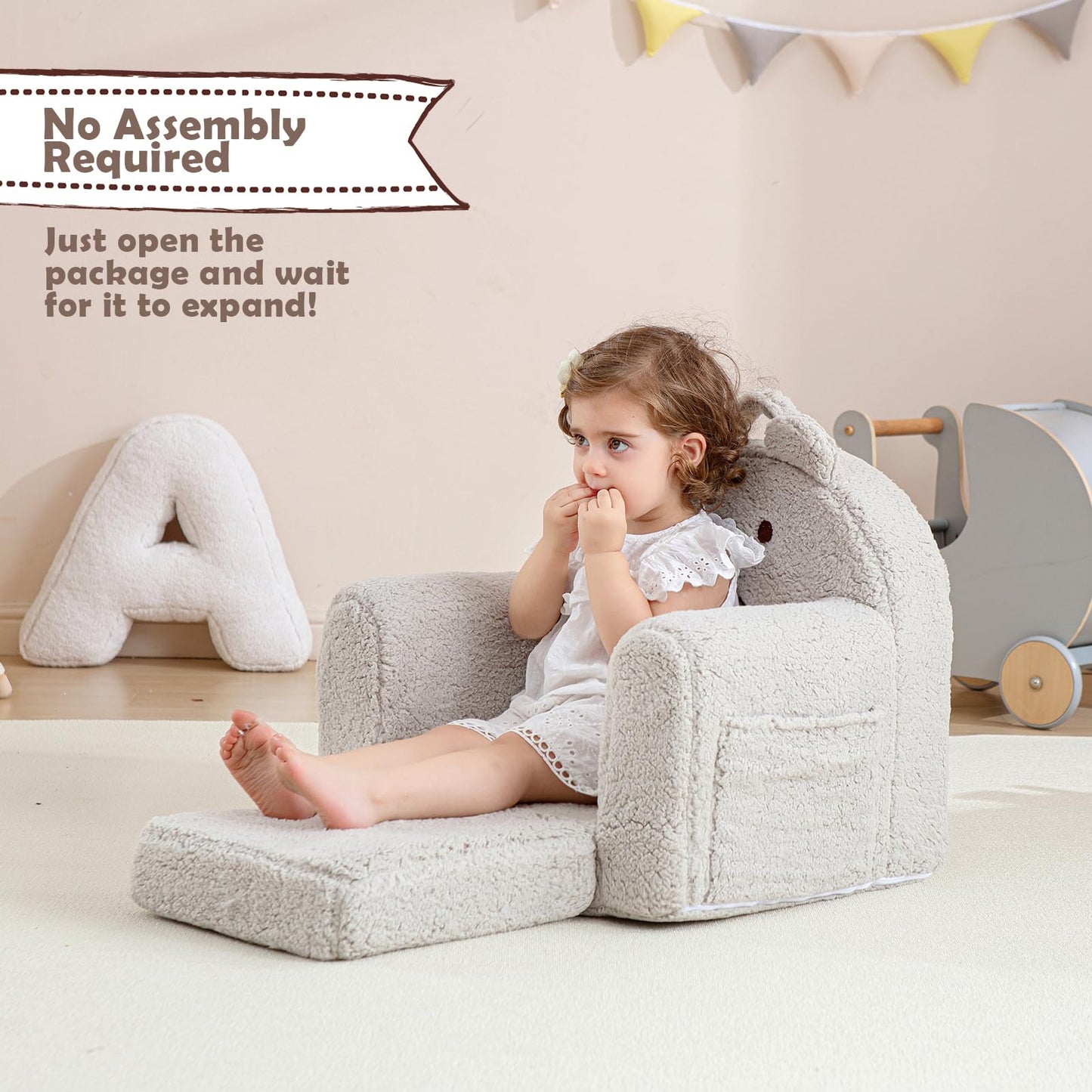 Kisdsa Toddler Chair,Sherpa Bear Toddler Couch Fold Out,Children Reading Chair,Flip Out Kids Couch,Kids Sofa Convertible for Age 1-3(Grey Bear)