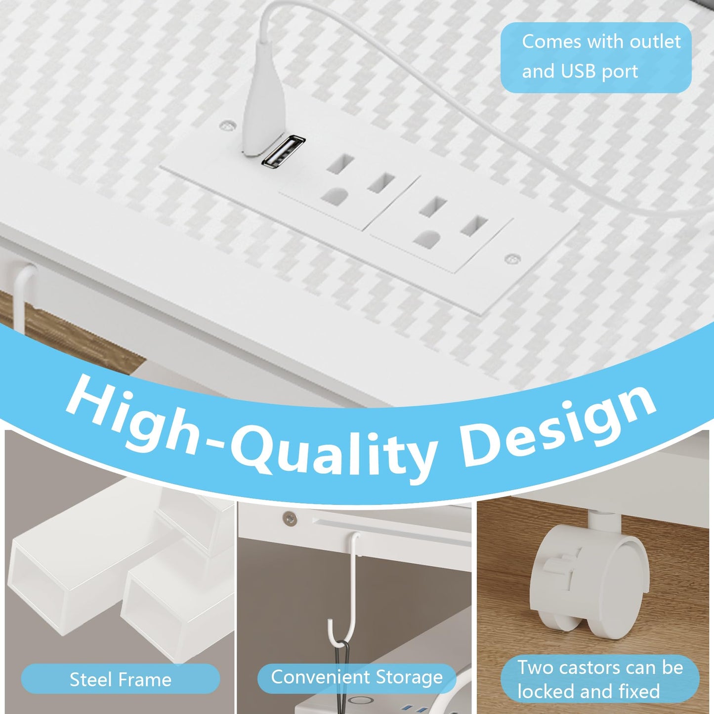 Computer Tower Stand with LED Light Strip,Mobile Rolling CPU Holder,Height Adjustable PC Tower Stand with Charging Station for Office Home (White)
