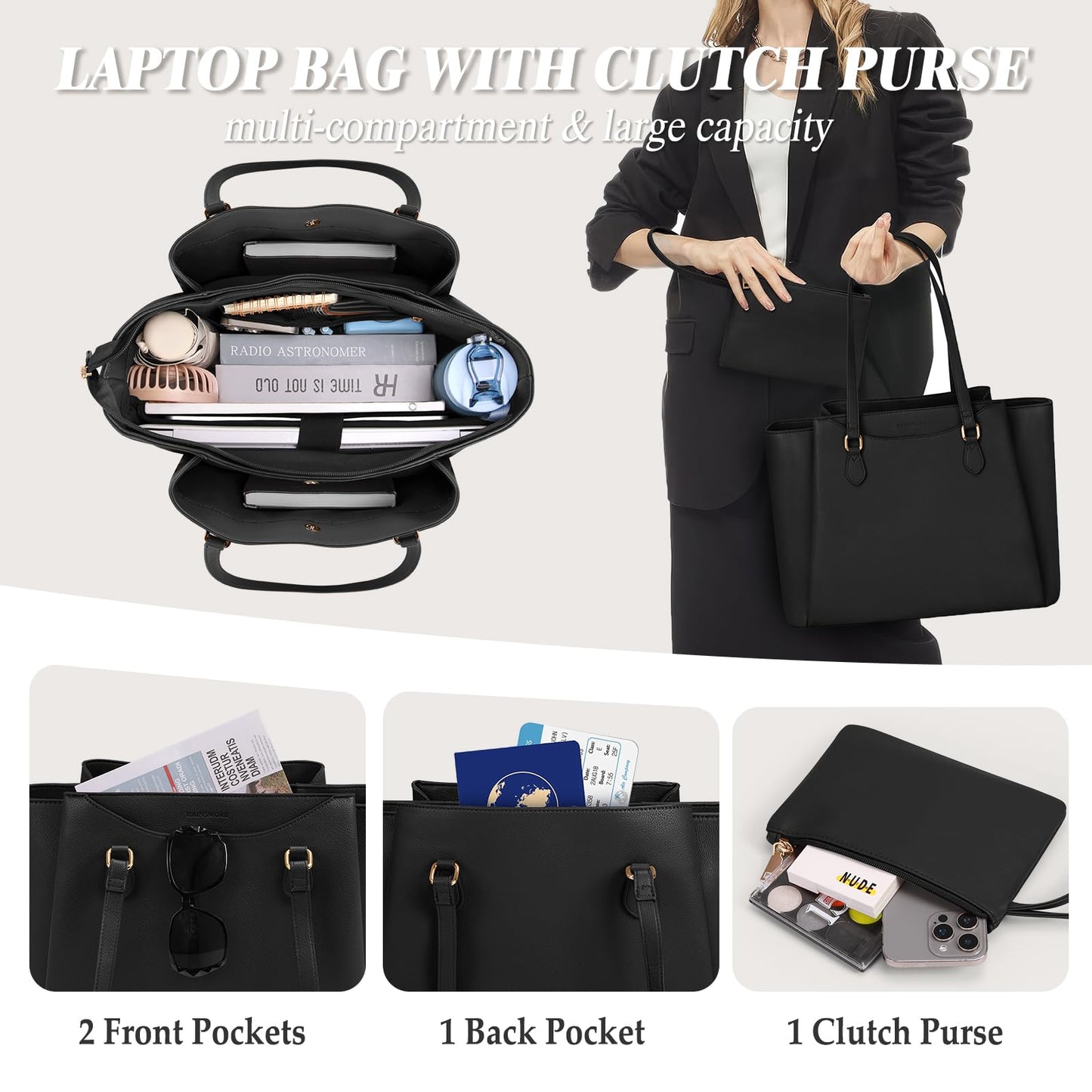 RAINSMORE Laptop Bags for Women 15.6 Inch Work Tote Bags Womens Laptop Purse Waterproof PU Leather Laptop Briefcase for Office Computer Bag Women Travel Handbag, Black