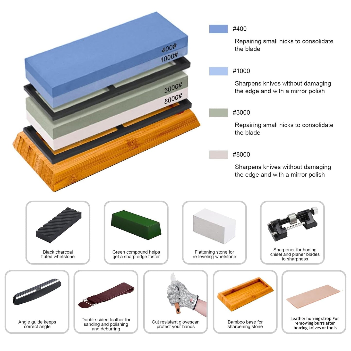TFMODBFA Knife Sharpening Stone Set - 2 Side Grit 400/1000 3000/8000 Kitchen Knife Sharpener Stone, Professional Kitchen Sharpener Stone Includes Non-Slip Rubber Bases