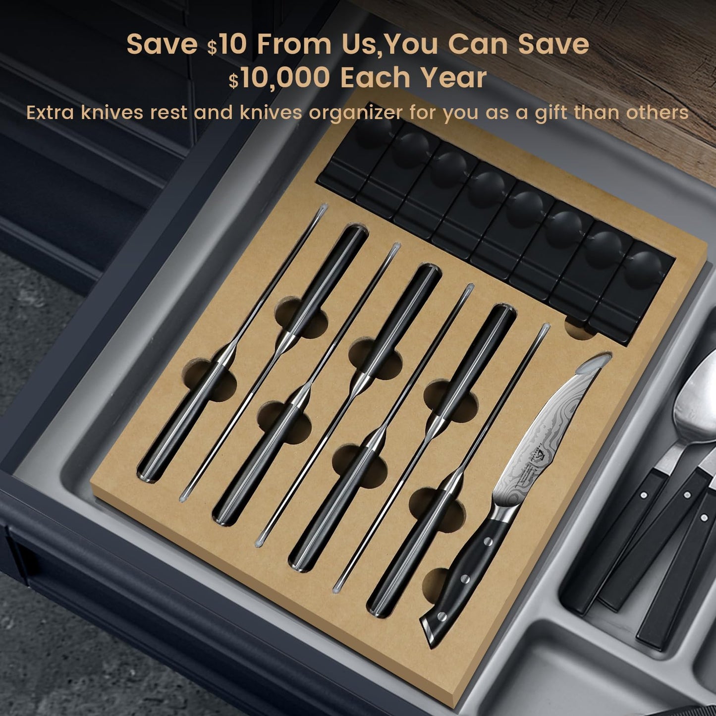 CoquusAid Steak Knives Set of 8, 4.8 Inch Straight Edge Ultra Sharp Durable Meat knives With Rest, High Carbon Stainless Steel Damascus Pattern Triple Rivet Handle, Ideal for Home Restaurant Party