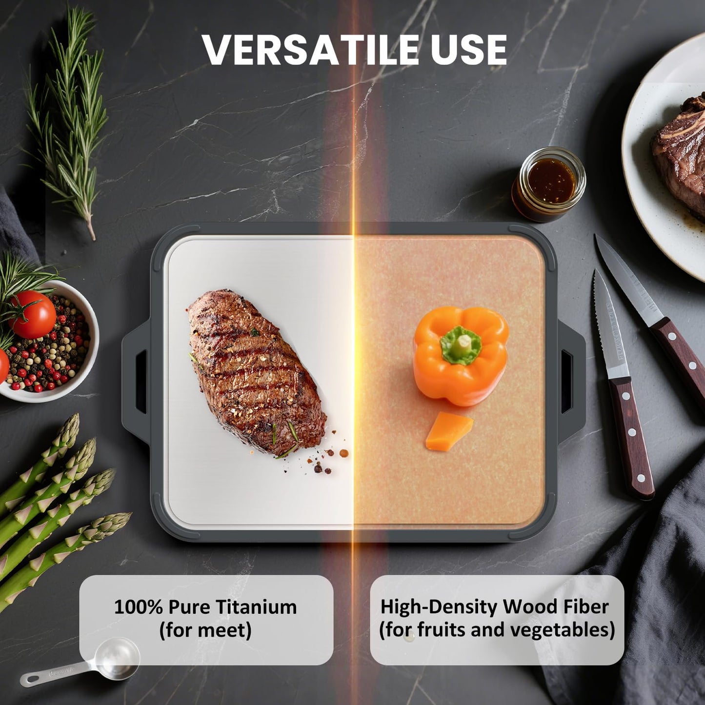GUANCI Titanium Cutting Board for Kitchen Double Sided Chopping Board Food-Grade Pure Titanium/Wood Fiber Composite with Juice Groove Dishwasher Safe for Meat/Vegetables/Fruit 16" L x 11" W
