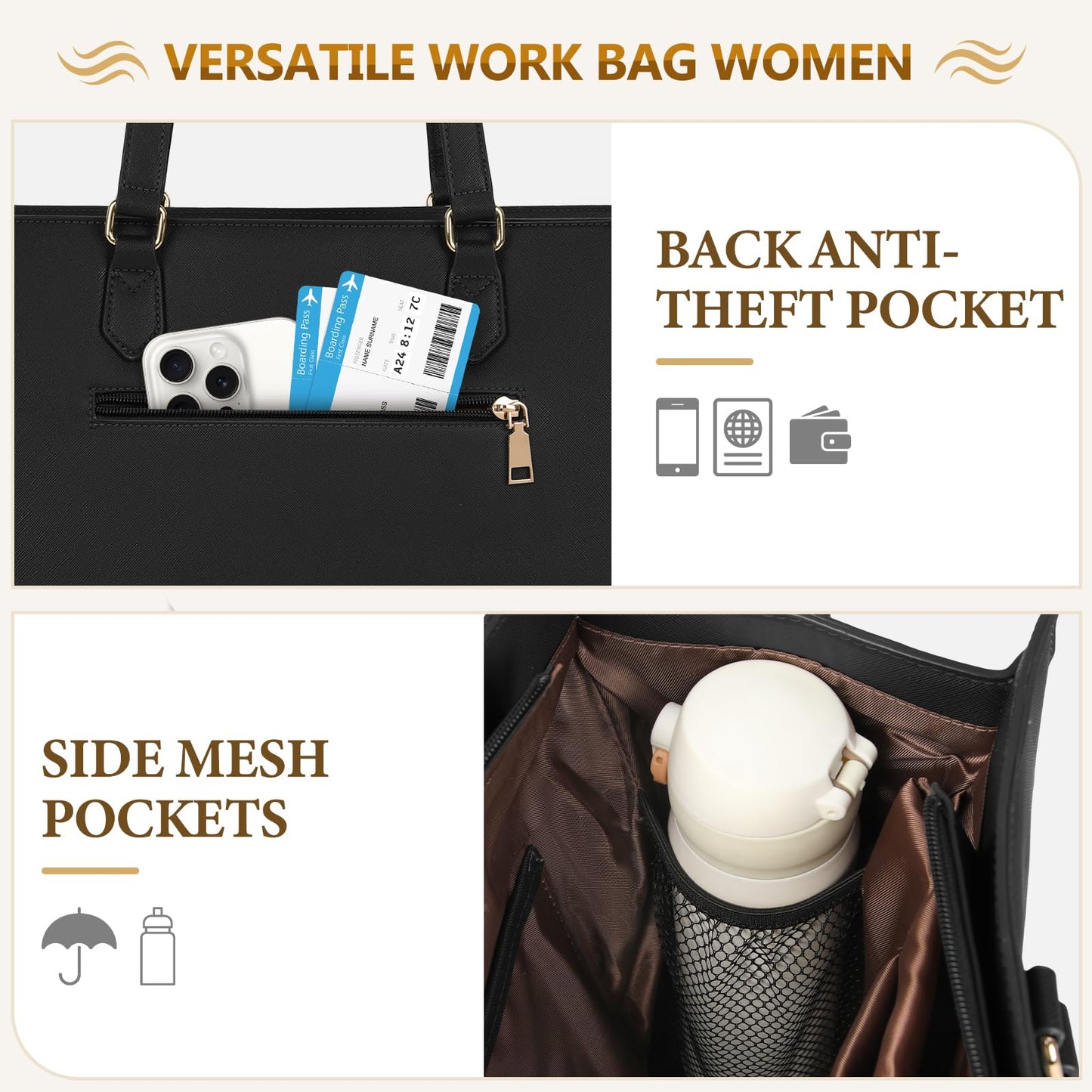 RAINSMORE Laptop Bags For Women 15.6Inch Leather Work Tote Bags Laptop Tote Waterproof Laptop Purse Business Office Computer Bag Professional Womens Briefcase Large Handbag for Travel College, Black