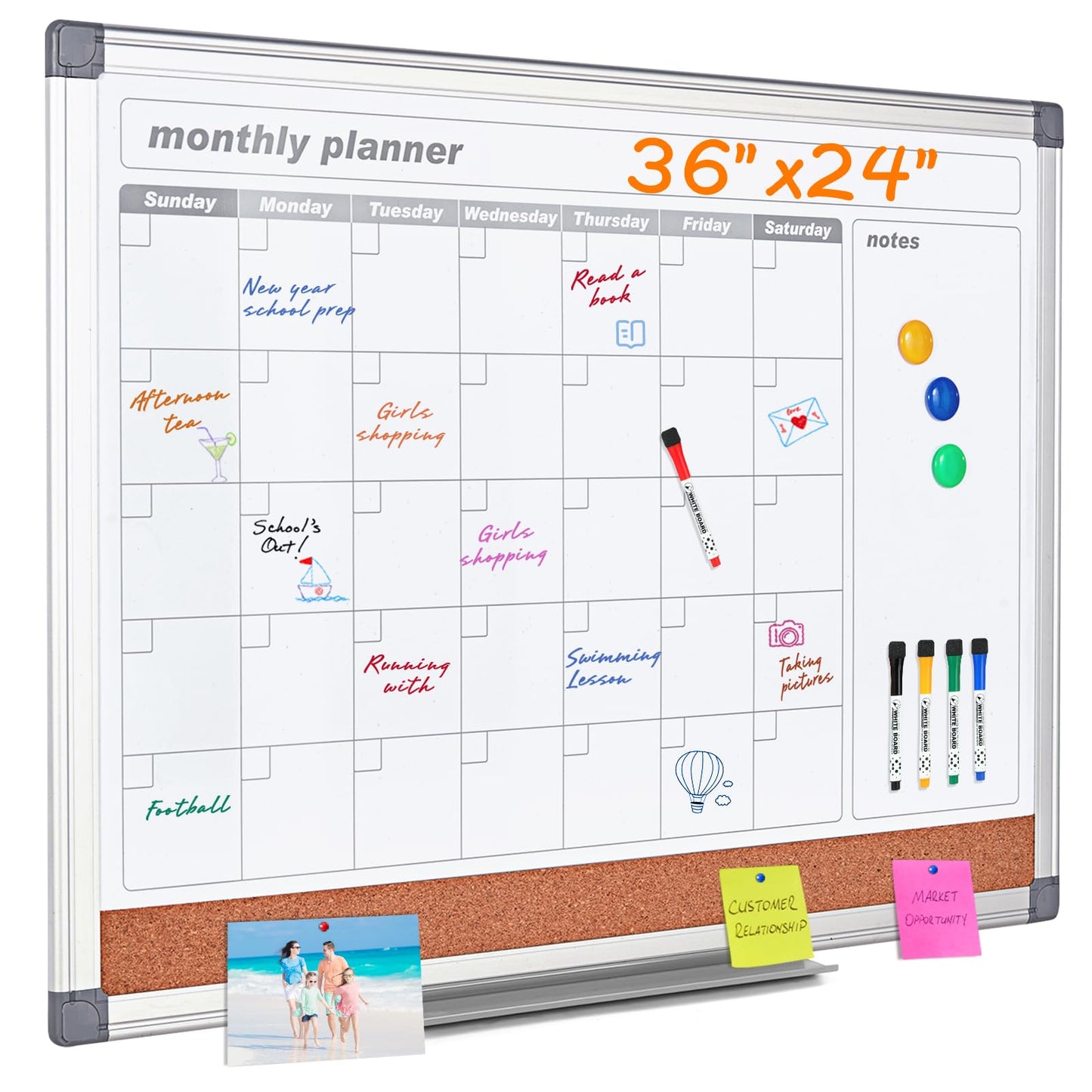 MAKELLO Monthly Dry Erase Calendar Whiteboard Cork Board Combo for Office, Classroom, Kitchen and Bedroom, 36x24 inch