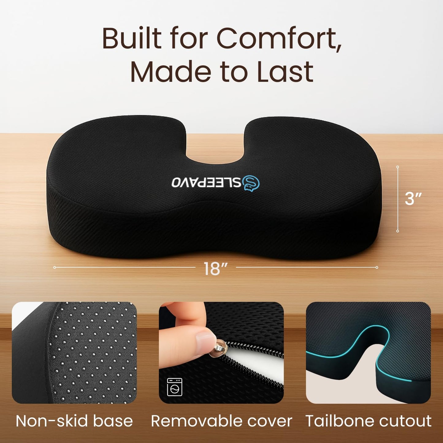 Sleepavo Memory Foam Seat Cushion for Office Chair - Pillow for Sciatica, Coccyx, Back, Tailbone & Lower Back Pain Relief - Orthopedic Chair Pad for Lumbar Support in Office (Black)