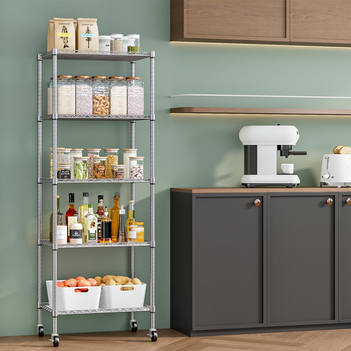 5 Tier Shelving Unit Adjustable Storage Shelf Metal Storage Rack Wire Storage Shelves with Heavy-Duty Rubber Metal Wheels for Laundry Bathroom Kitchen Pantry Closet (Silvery, 5 Tier)