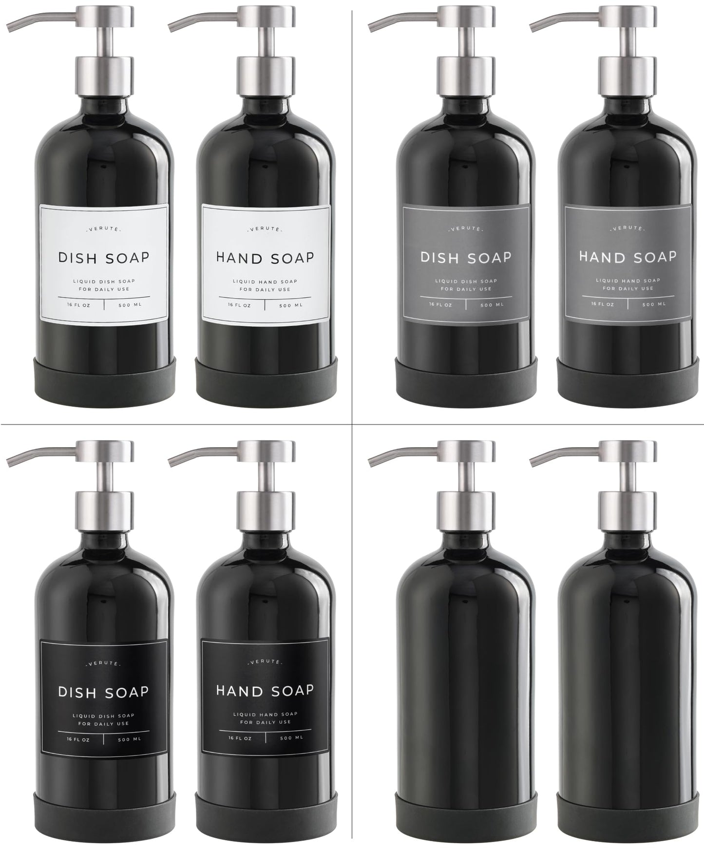 Verute 500ml Glass Soap Dispenser with Stainless Steel Pump, 21 Waterproof Labels, Non-Slip Protective Silicone Pad, Set of 2 for Bathroom & Kitchen (Gloss Black Bottle/Brushed Silver Pump)