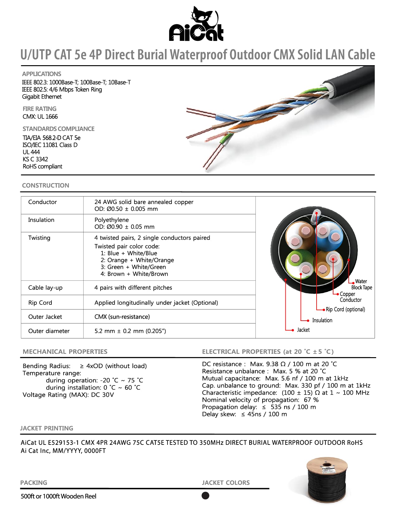AiCat Cat5e Outdoor Ethernet Cable Direct Burial Unshielded Riser CMX Rated 500ft, UV Resistant 24AWG Solid Bare Copper, 350MHz, UL Listed, Twisted Pair UTP, Waterproof, Bulk Ethernet Cable - Black