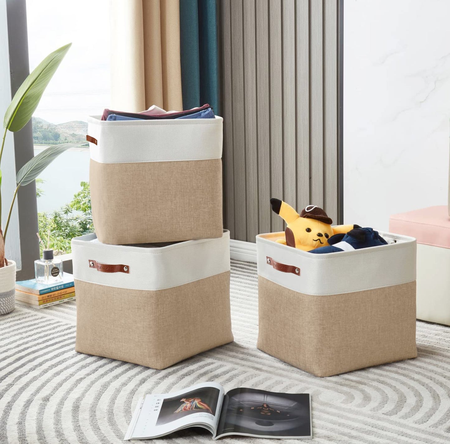 DECOMOMO Cube Storage Bin, Storage Baskets for Shelves, 12x12 inches Collapsible Fabric Storage Cubes (Beige & White, 4pcs)