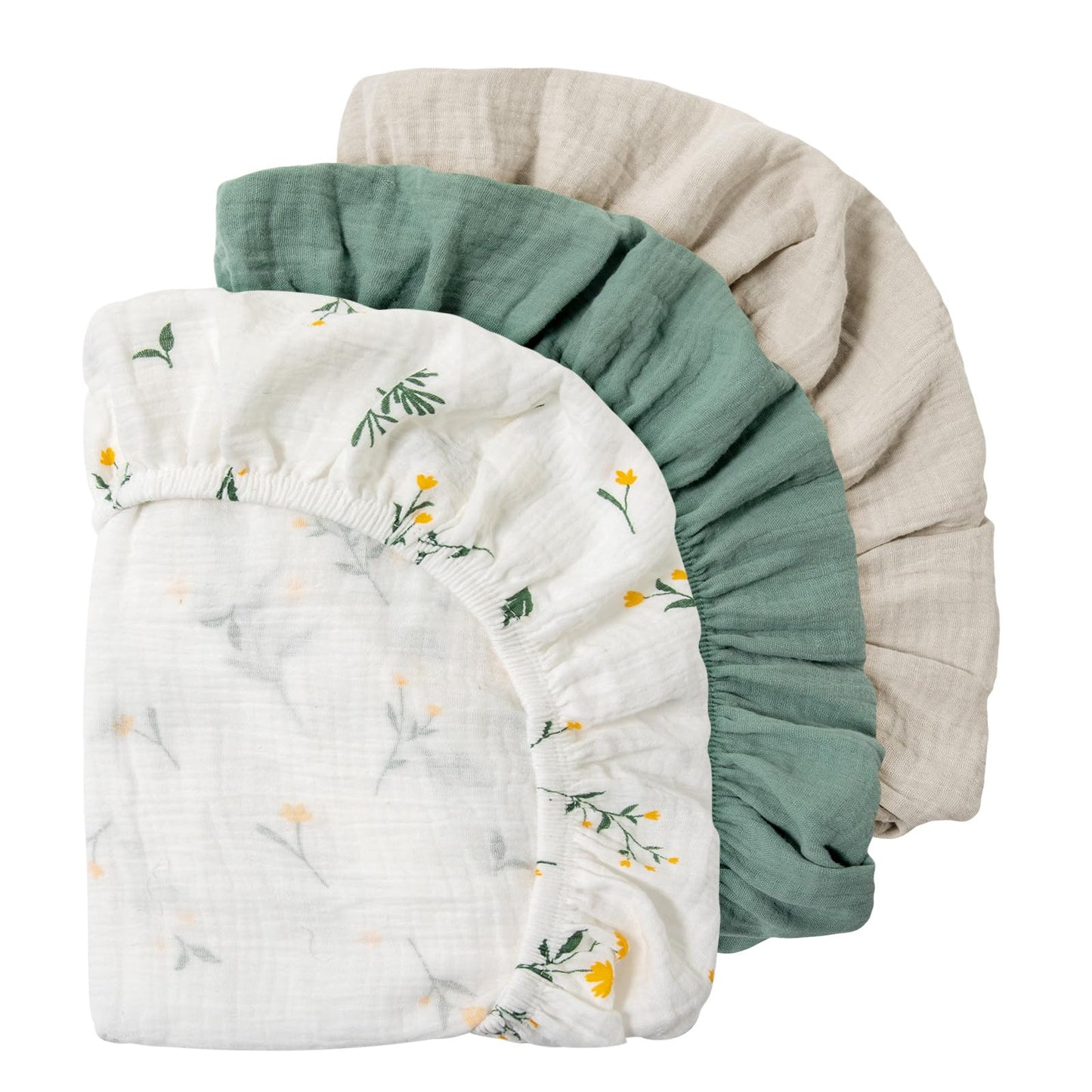 Gllquen Baby Muslin Bassinet Sheets 3 Pack, Breathable Elastic Cozy Fitted Cotton Bassinet Mattress Sheet for Baby Boy Girls, Fit for Hourglass Oval Rectangular Cradle Pad Sheets 33"x17" (Green)