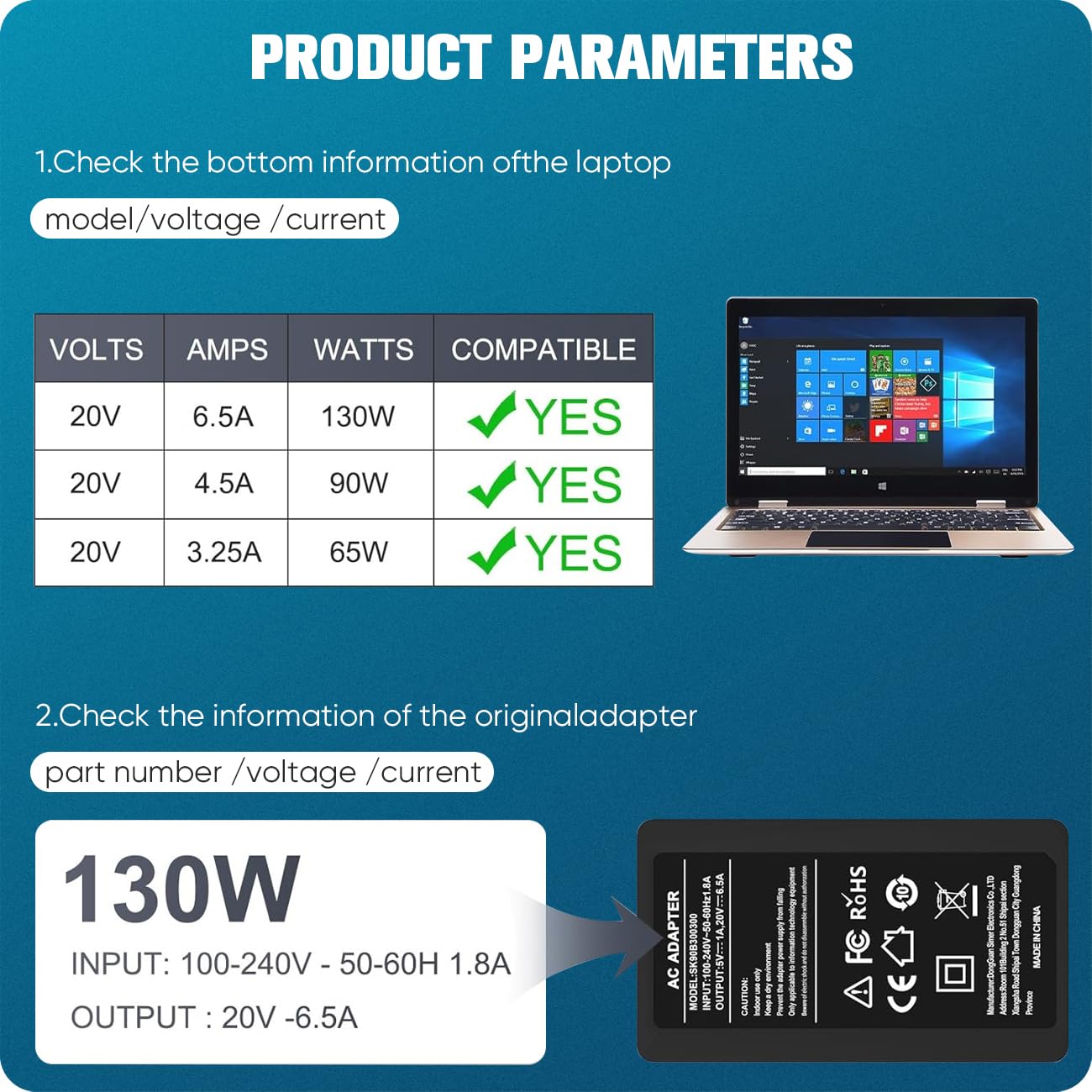 130W USB C Laptop Charger for Dell XPS 15 17 2in1 9575 9500 9510 9520 9530 9700 9710 9720 9730 Precision 5530 5550 5560 5570 5750 5760 3560 3570 3571 Latitude 5520 5420 5510 7410 7310 7210 9410 9510
