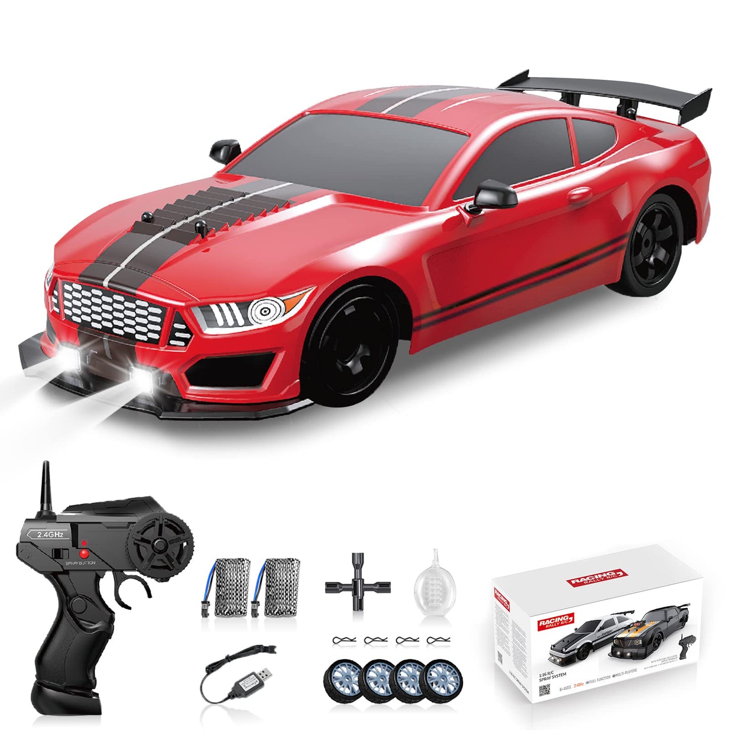 Sakeye RC Drifting Car 2.4GHz 1:16 4WD Remote Control Cars High Speed RC Cars with LED Lights Two Batteries and Drifting Tires Racing Sport Toy Cars for Adults Boys Kids Gift