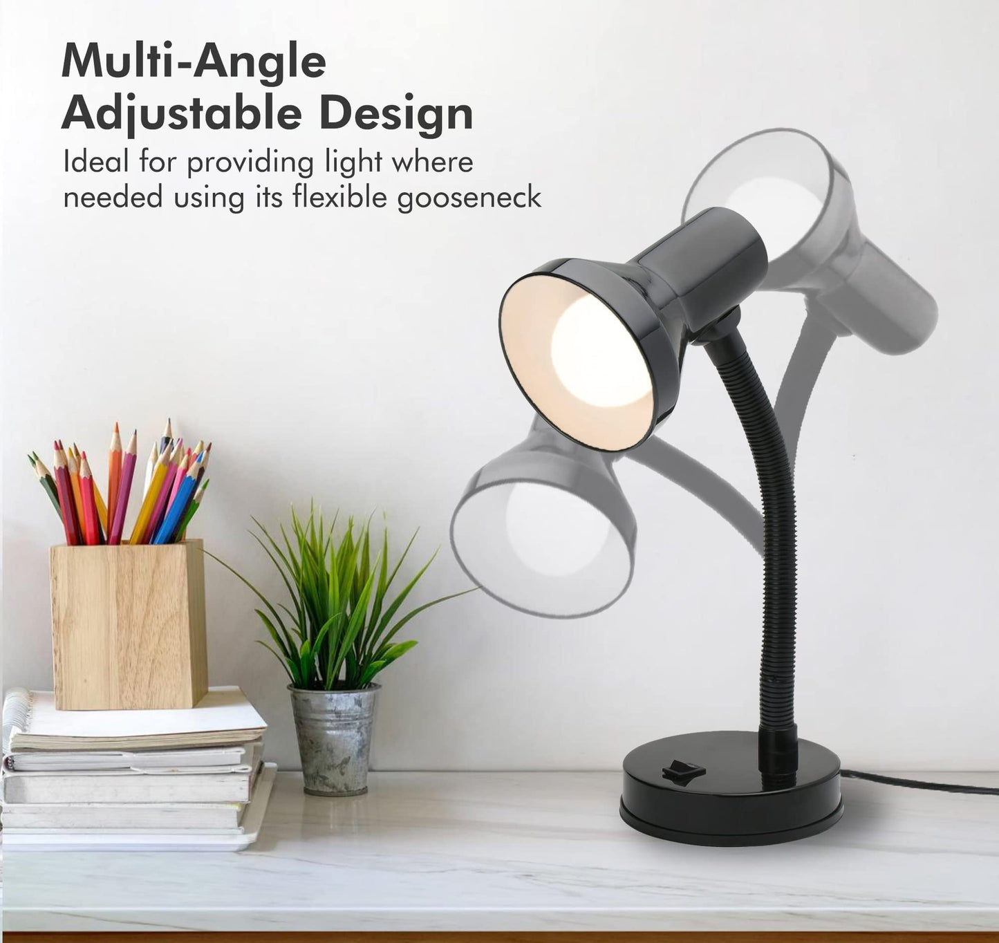 Xtricity LED Desk Light, 360° Adjustable Gooseneck, Home and Office Lamp with 7W A19 Bulb, 120V, On/Off Switch, 14” Height - Reading Lamps for Bedside Table, College Dorm (Black Finish)