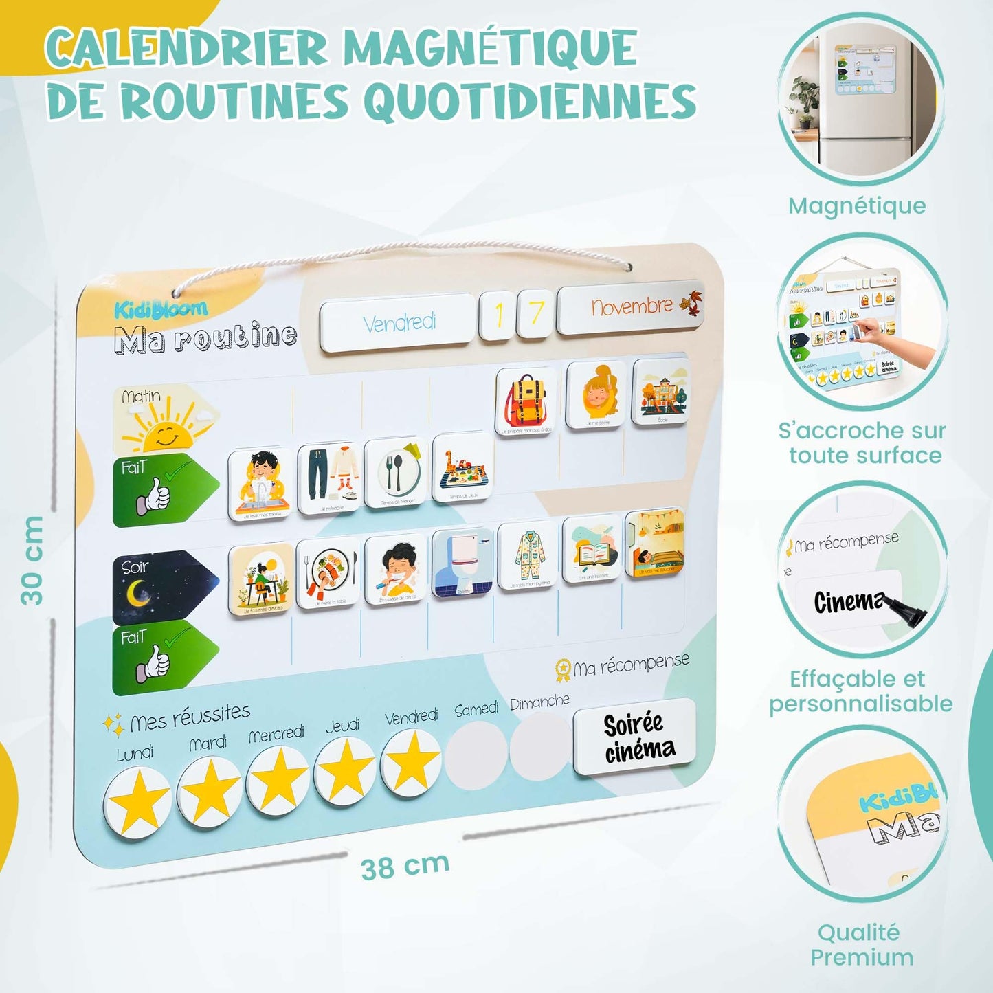 Tableau de Routine Pour Enfant en français - 92 aimants inclus - pictogramme Routine - Chore Chart for Kids - Reward Chart for Kids - ADHD Tools - Responsibility Chart for Kids