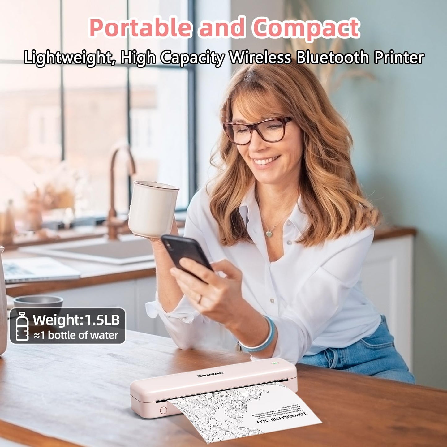 Phomemo M834 Portable Printer Wireless for Travel, Support Multi-Size Thermal Paper,Bluetooth Thermal Printer Compatible with Phone&Laptops,Inkless Printer for Home Use,Office,Pink