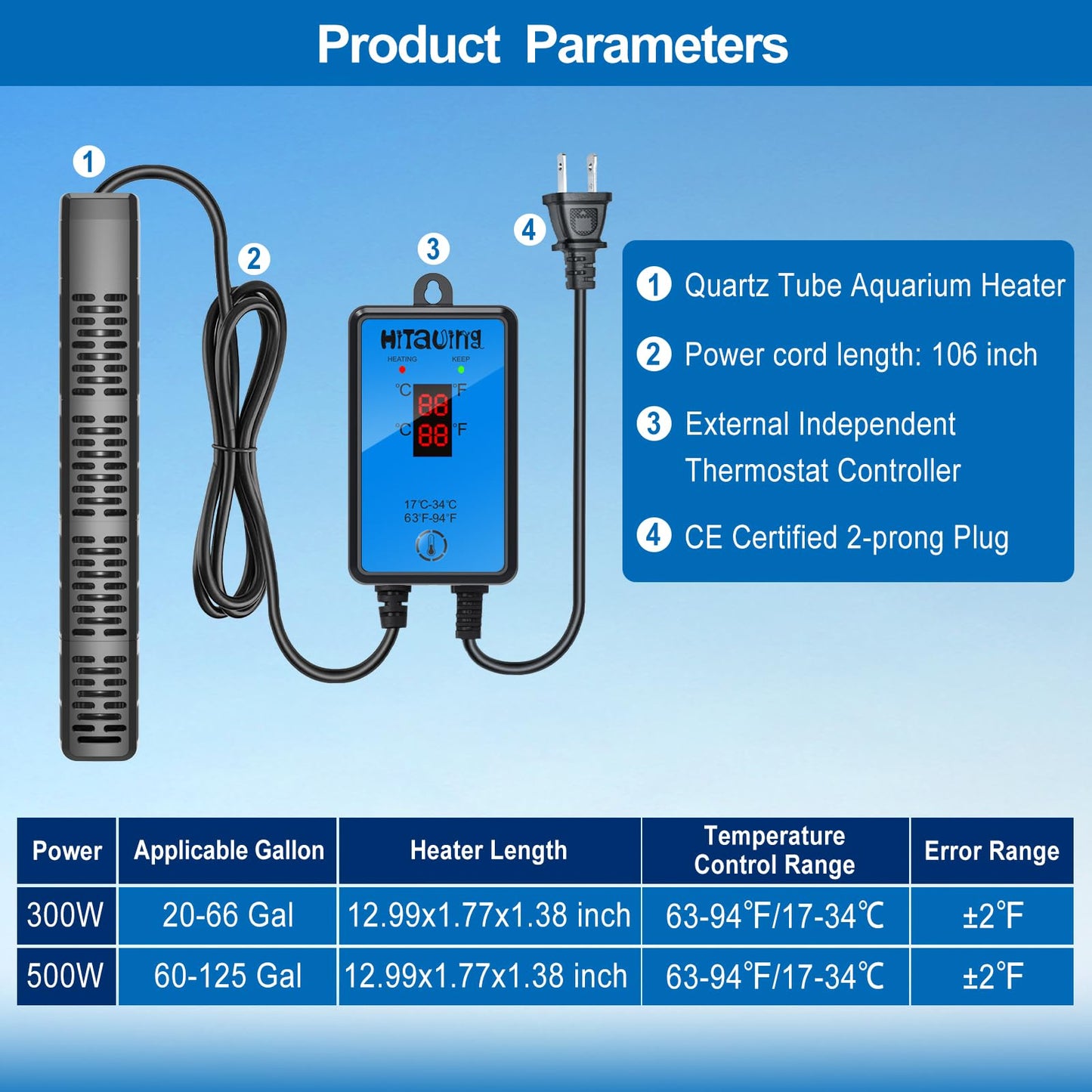 HiTauing Aquarium Heater, Upgraded 300W/500W Fish Tank Heater with Intelligent Leaving Water Automatically Stop Heating and Advanced Temperature Control System, Suitable for Saltwater and Freshwater
