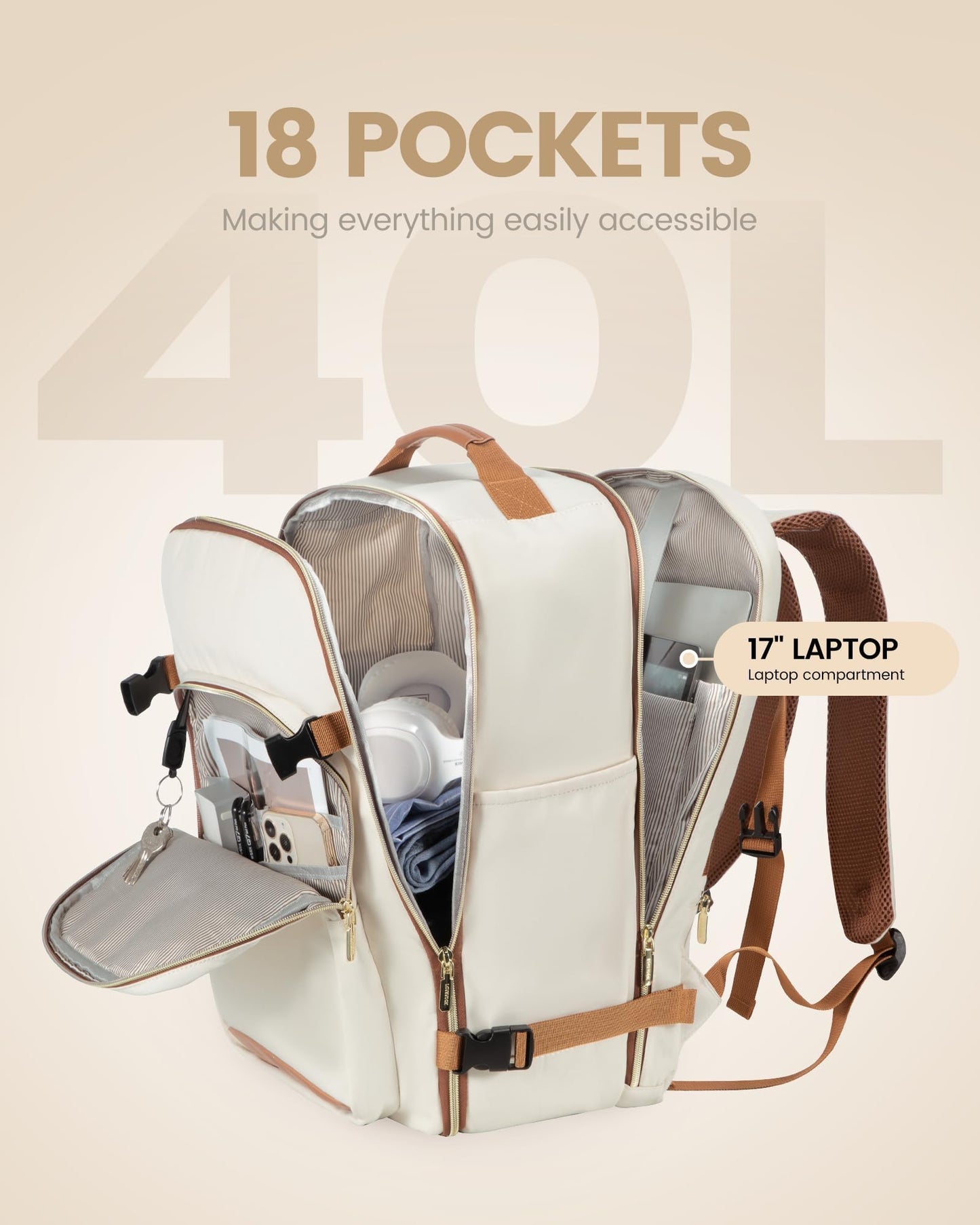 LOVEVOOK Travel Backpack Women, Flight Approved Carry On with 17.3inch Laptop Compartment, Personal Item with 3 Packing Cubes, Perfect for College, Hiking, Overnight, Beige