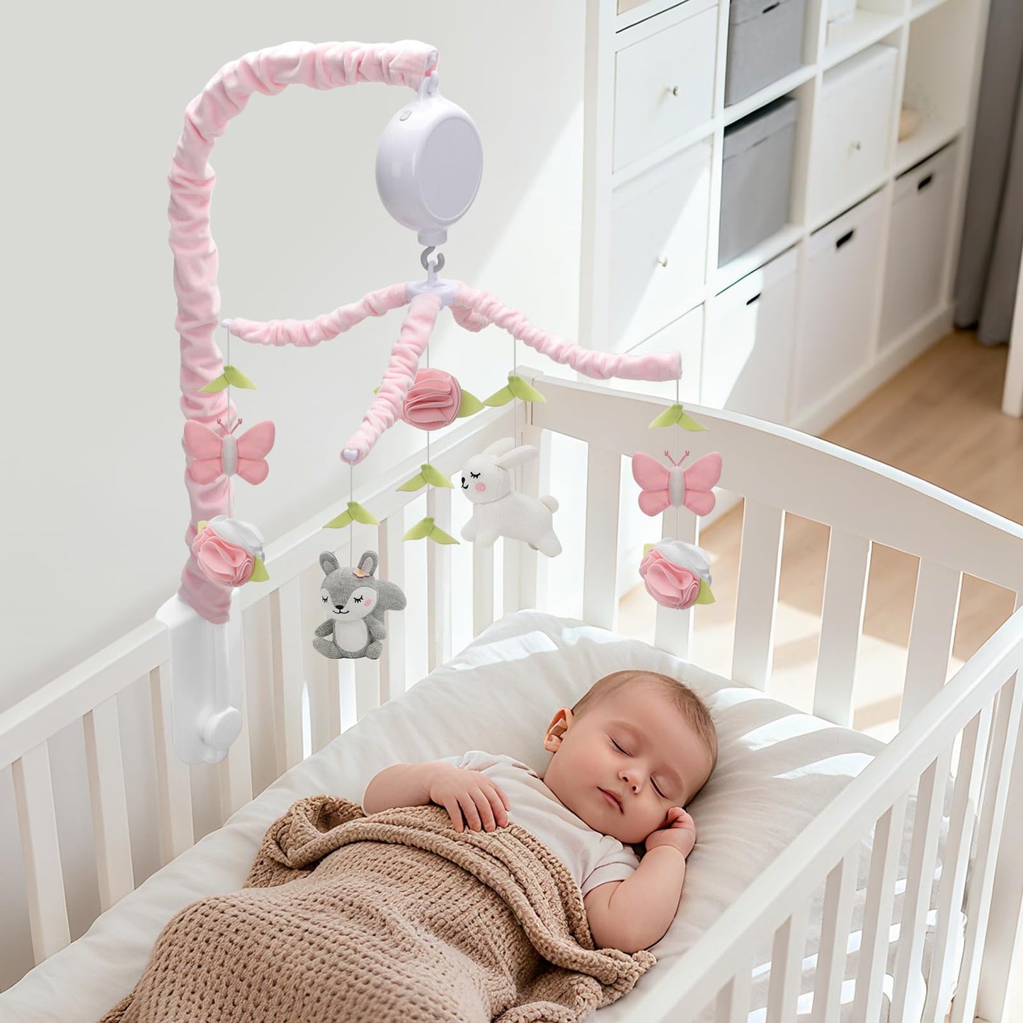 Nicemer Baby Musical Mobile - Elegant Butterfly Crib Toy, Knitted Woodland Characters, Nursery Decor, Calming Soother with 12 Lullabies Essential and Perfect Toy for Boys Girls