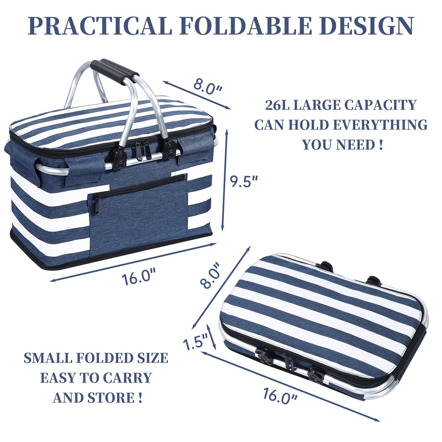 KEFOMOL Insulated Picnic Basket,Leak-Proof Collapsible Cooler Bag,26L Grocery Basket with Lid,2 Sturdy Handles,Storage Basket for Picnic,Food Delivery,Take Outs,Market Shopping,Travel (Blue)