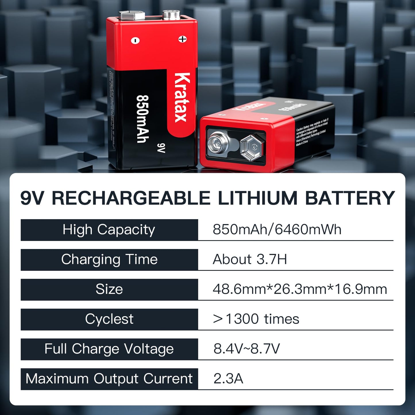 9v Rechargeable Batteries Kratax 8pack 850mAh High Capacity 9volt 6F22 Lithium Batteries with Fast Charger, 1000 Cycles Long-Lasting for Smoke Alarms, Guitar, Toy Remotes, Microphones, Multimeter