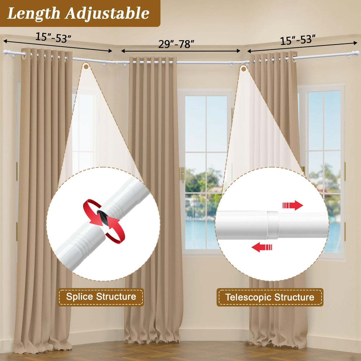 Bay Window Curtain Rods, U-shaped Curved Curtain Rods for Windows 59 to 184 Inches, White 1 Inch Diameter Heavy Duty Curtain Rods for Bedroom, Living Room, Adjustable Renter Friendly Curtain Rods...