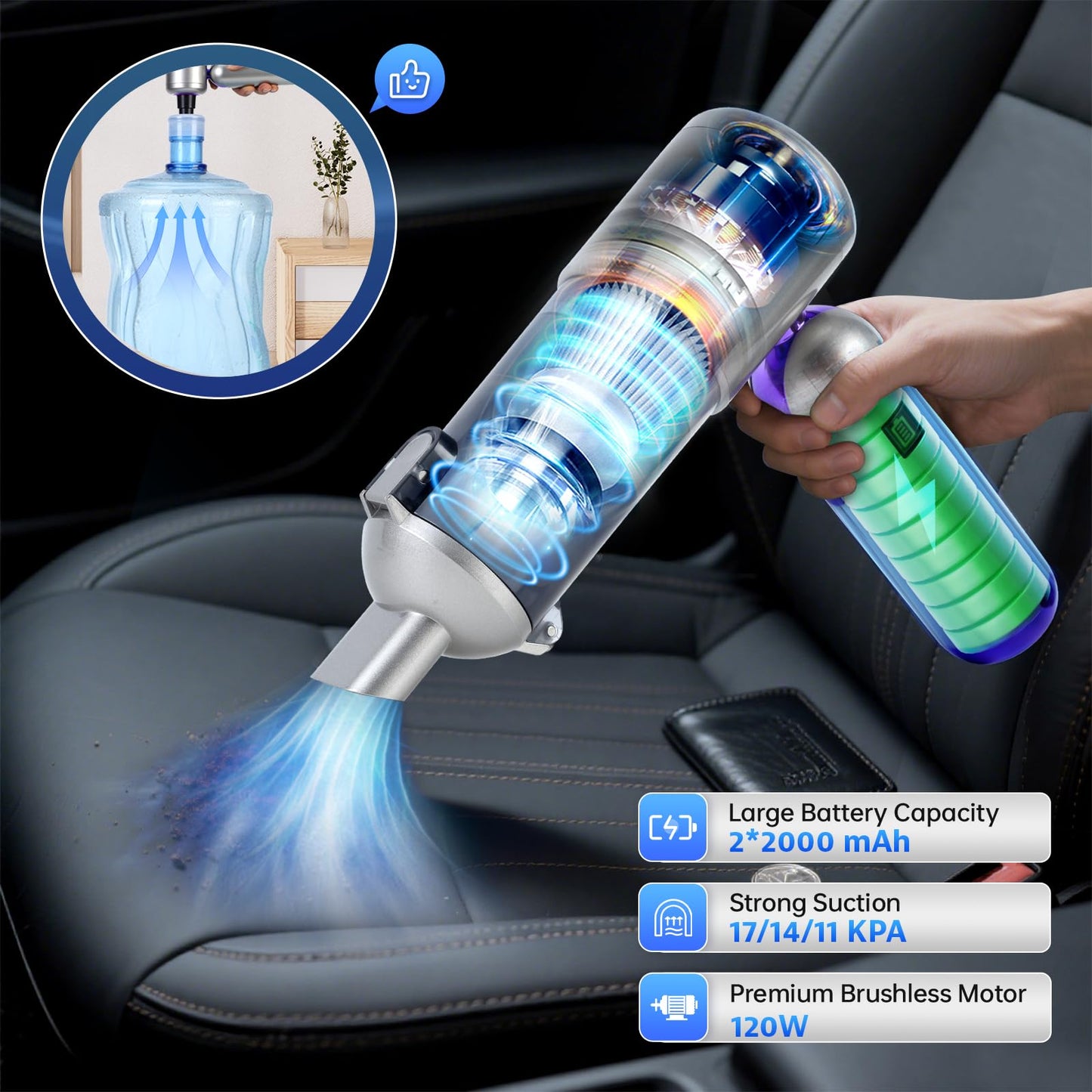 Bug Vacuum Catcher & Car Vacuum Cleaner, 180° Foldable Rechargeable Mini Handheld Vacuum Cordless, 4-in-1 17KPa High Power Portable Inflator & Air Pump for Insects, Spiders, Pet Hair, Home & Garden