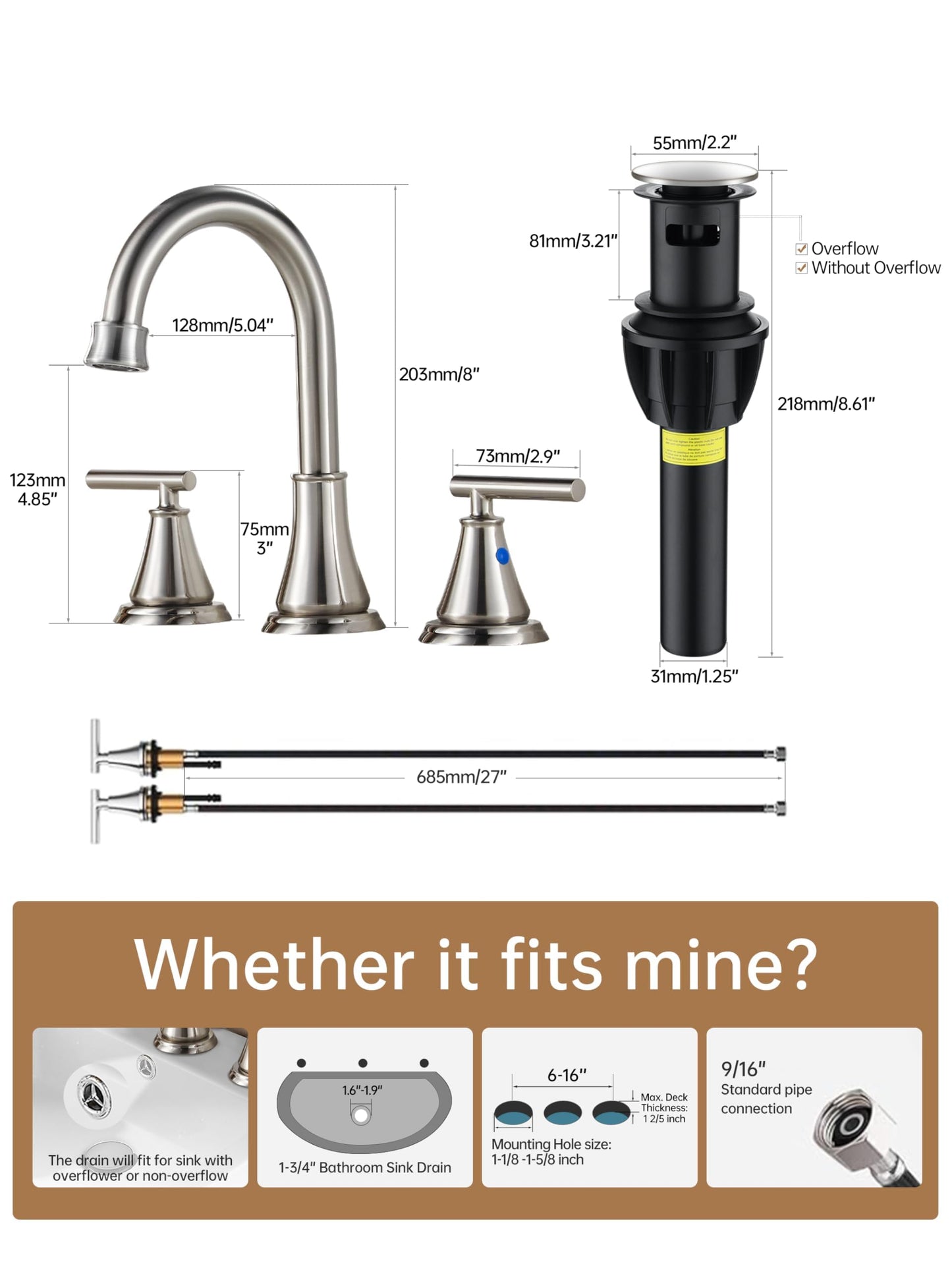 Fransiton Bathroom Faucet 3 Hole 8 Inch Widespread Bathroom Sink Faucet, Brushed Nickel Washroom Faucet Vanity Faucet Bathroom Tap with Metal Pop-up Drain and Basin Faucet Supply Hoses