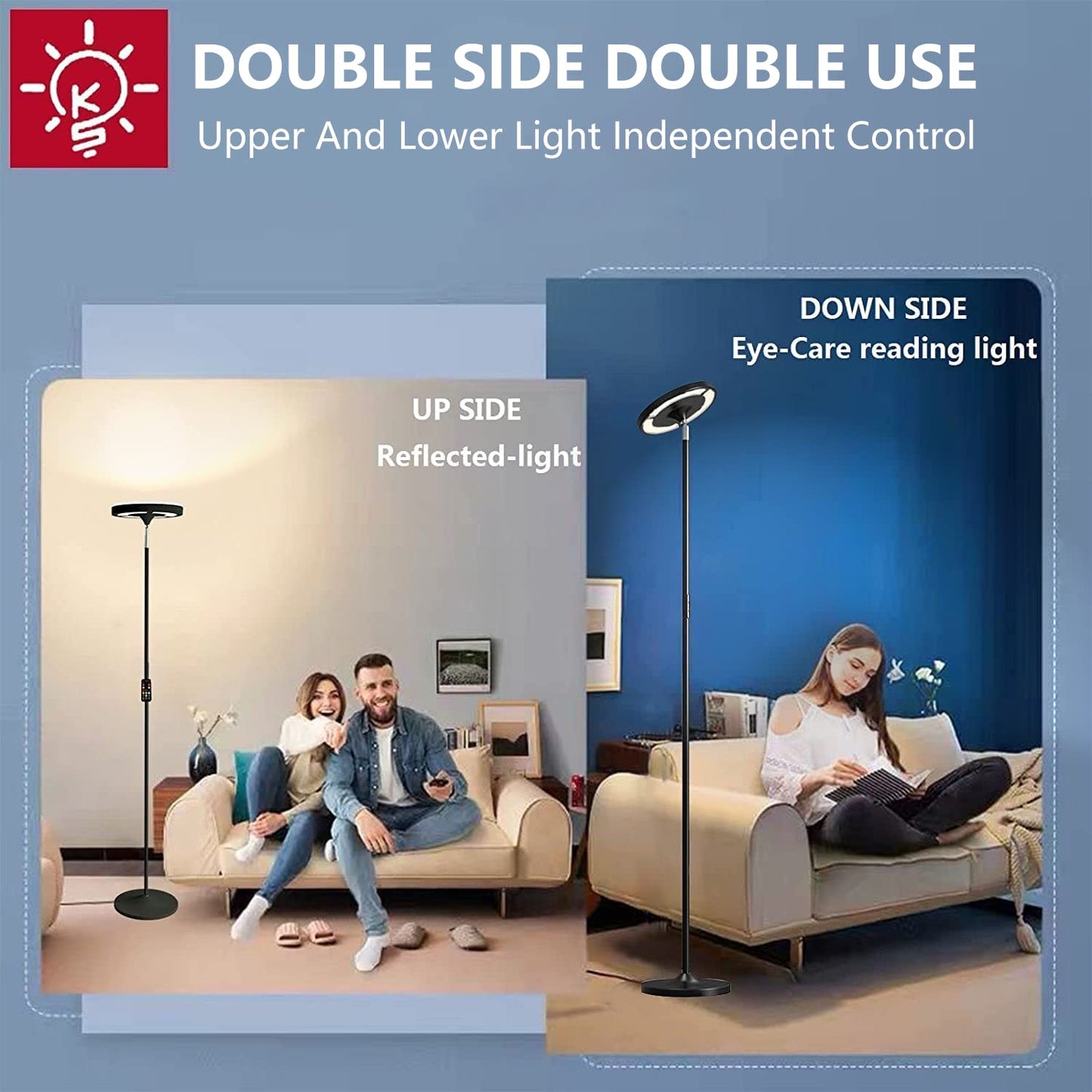 Keepsmile Double Side Lighting LED Floor Lamp with Remote Smart App,36W/2600LM Super Bright Dimmable RGB Floor Lamp,Adjustable Angle Standing Lamp for Living Room Bedroom Office Lampe Sur Pied,Black