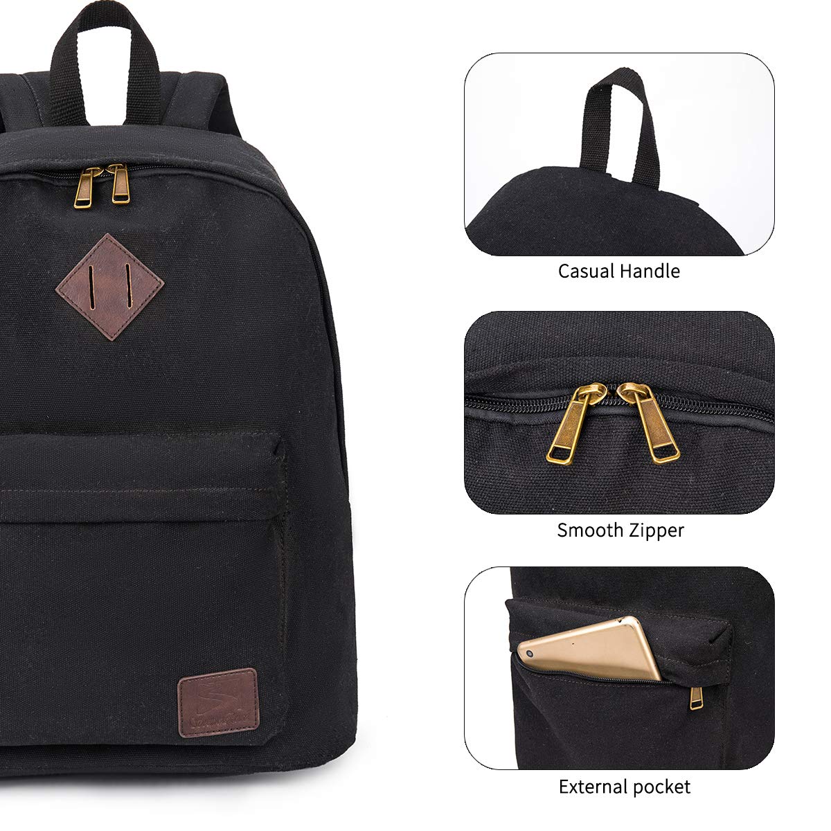 Canvas School Laptop Backpack, Durable Rucksack, Travel Notebook Bag, for Men Women (Black)