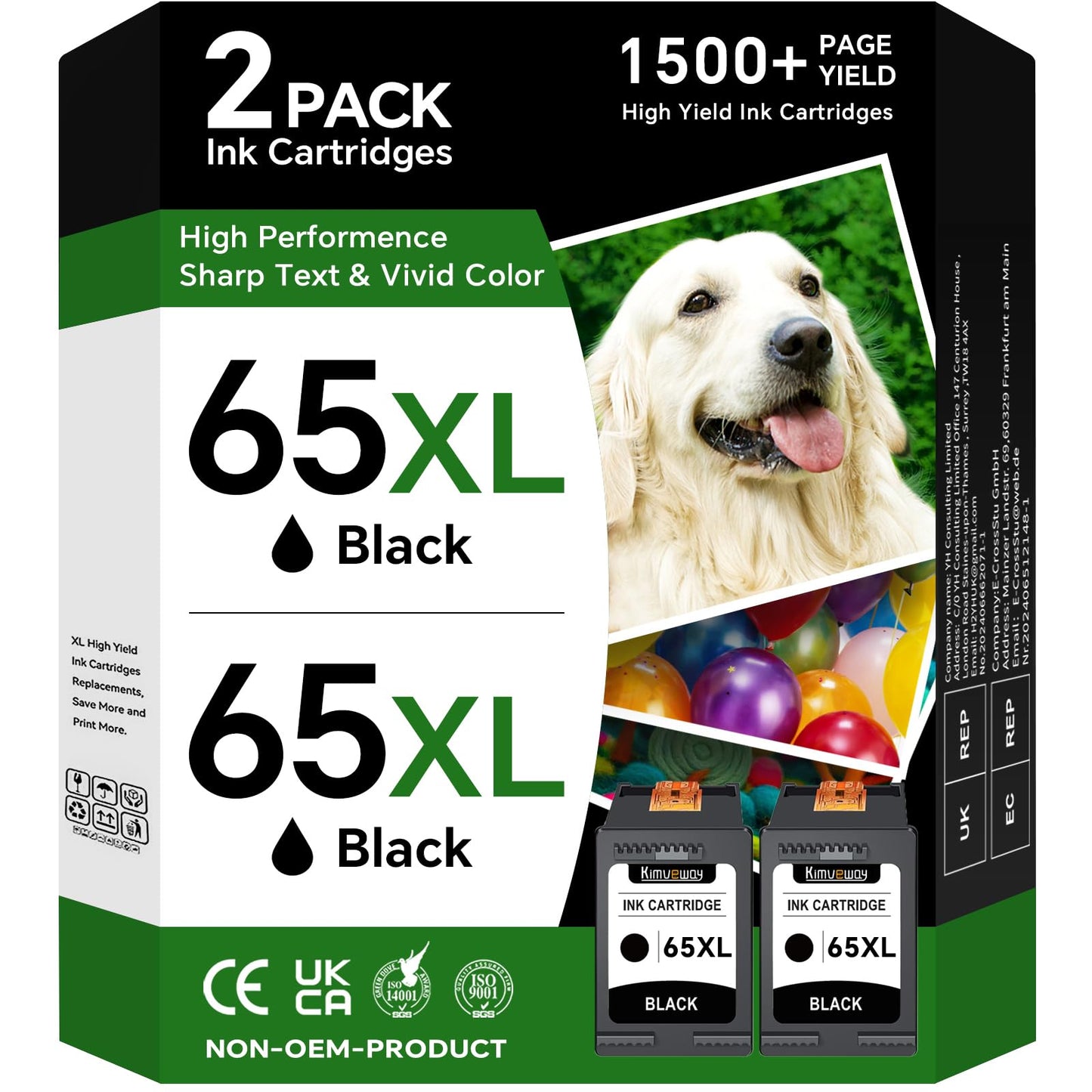 Printer Ink 65XL for HP 65 Ink Cartridges - 2 Pack 65XL Black High Yield Replacements for HP Ink 65 Compatible for HP Envy 5055 5052 5058 DeskJet 2652 2655 3755 3720 3722 3723 3752 3758 Printers