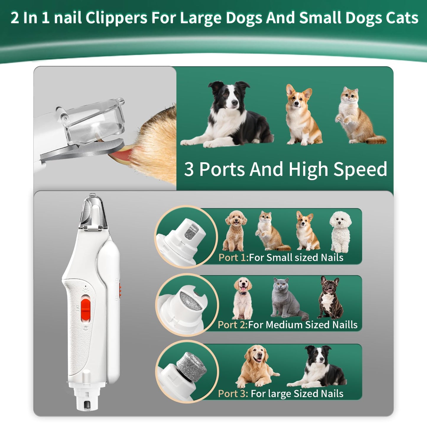 CATPICK 2-in-1 Cat Nail Clippers & Dog Nail Clippers Trimmers for Large Medium Small Dogs Cats Claw Trimmer Quick Sensor and Safety Guard USB Rechargeable with 2 LED Lights Dogs Nail Trimmer