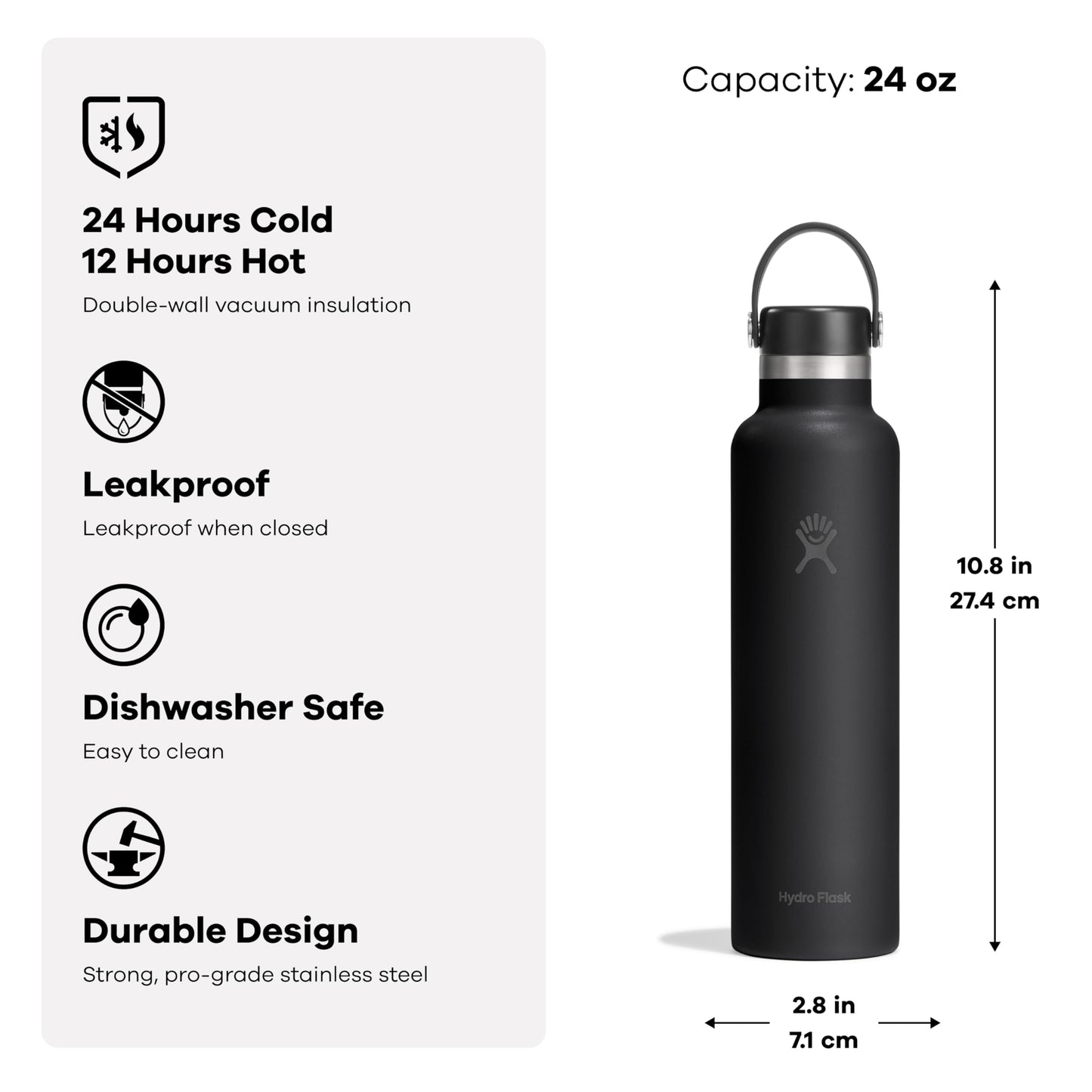 Hydro Flask Stainless Steel Standard Mouth Water Bottle with Flex Cap and Double-Wall Vacuum Insulation,Tonal Black, 24 Ounces