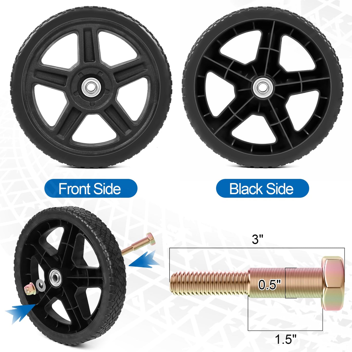 phepetroll 12 Inch Lawn Mower Wheels Kits Universal 12" Push Mower Wheels with 1/2" Bearing, Bolts & Nuts, Plastic Replacement Tires for Most Standard Garden Tiller, Pressure Washer, Handtruck, 2 Pack