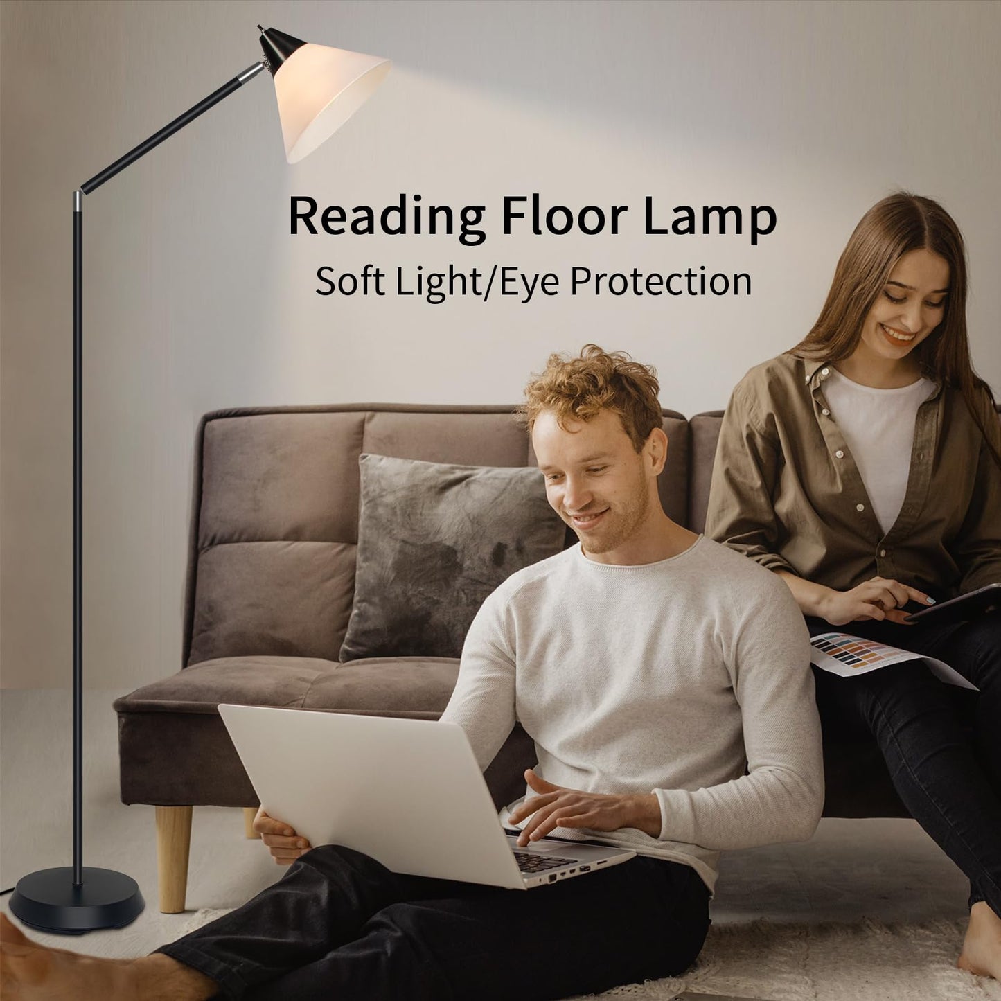 HonoDing Modern Floor Lamp for Living Room, Adjustable Height Standing Lamps, 360° Adjustable Head Arcylic Shade Floor Lamps, Corner Lamps for Bedroom, Office, Reading (Black)